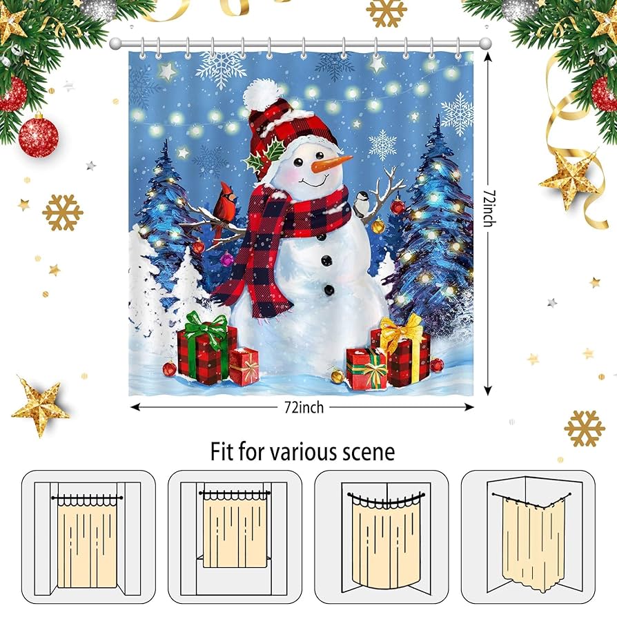 BOARDFEB Christmas Shower Curtain, Red Winter Xmas Tree Snowman Merry Christmas Shower Curtains For Bathroom Decor Washable Durable Fabric Holiday New Year Shower Curtain With Hooks 72x72 Inch