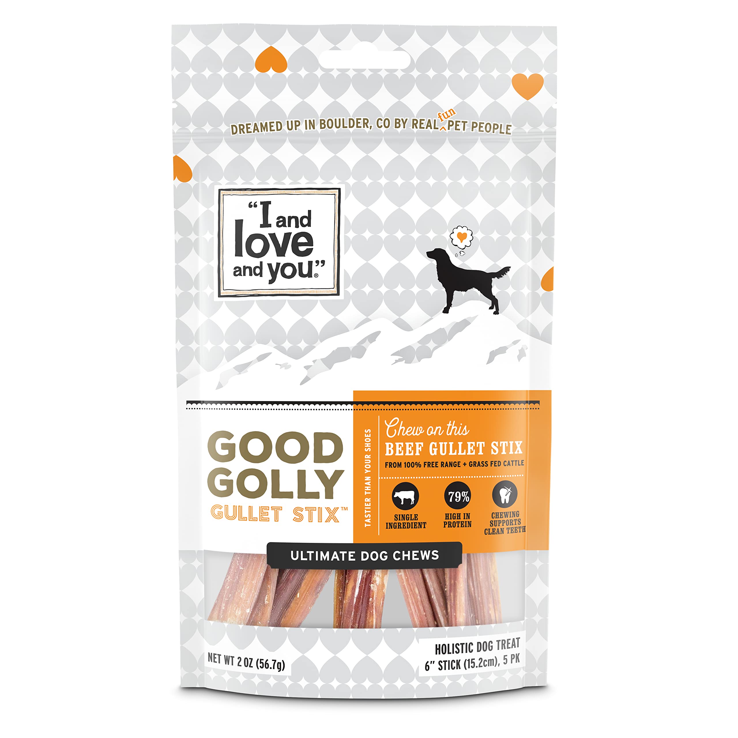 I AND LOVE AND YOUGood Golly Gullet Stix - Beef - Rawhide Alternative, Single Ingredient, Free Range Grass Fed Beef, 6in, 5ct
