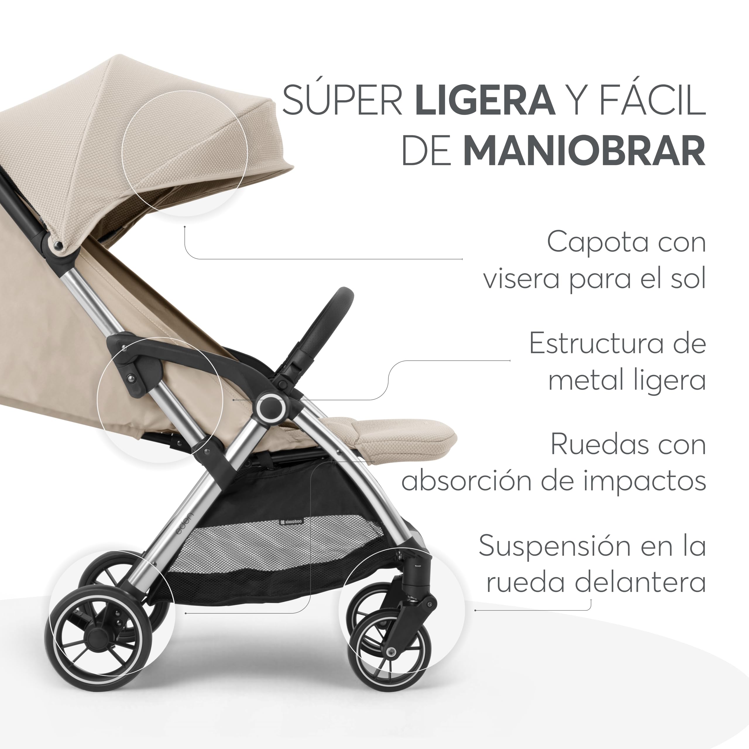 KikkaBoo Silla de Paseo EDEN, Carrito Bebé hasta 22 kg, Plegado Automático, Posición Reclinada, Superligero, Compacto, Beige