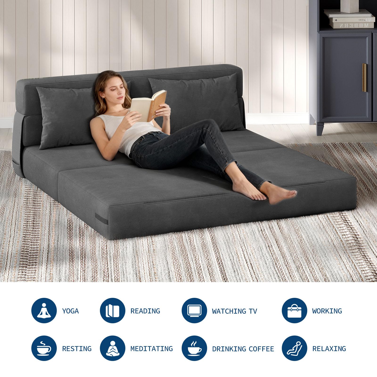 Canapé lit Convertible 2 Place en Velours Côtelé,2 in 1 Fauteuil lit Convertible avec 2 Oreillers,Housse Détachable Lavable,Canapé Paresseux/Chauffeuse 2 Place pour Chambre,Salon(200X150X15cm,Gris)