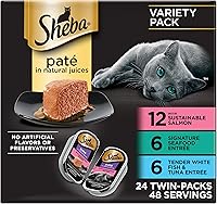 Sheba Perfect Portions Wet Cat Food Pate Variety Pack: Sustainable Salmon, Seafood & Tuna, 2.6oz Twin Trays (24ct, 48 Servings) - 4.6/5 Stars