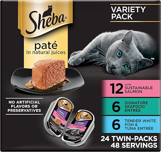 SHEBA PERFECT PORTIONS Paté Adult Wet Cat Food Trays (24 Count, 48 Servings), Signature Seafood Entrée, Easy Peel Twin-Pack Trays