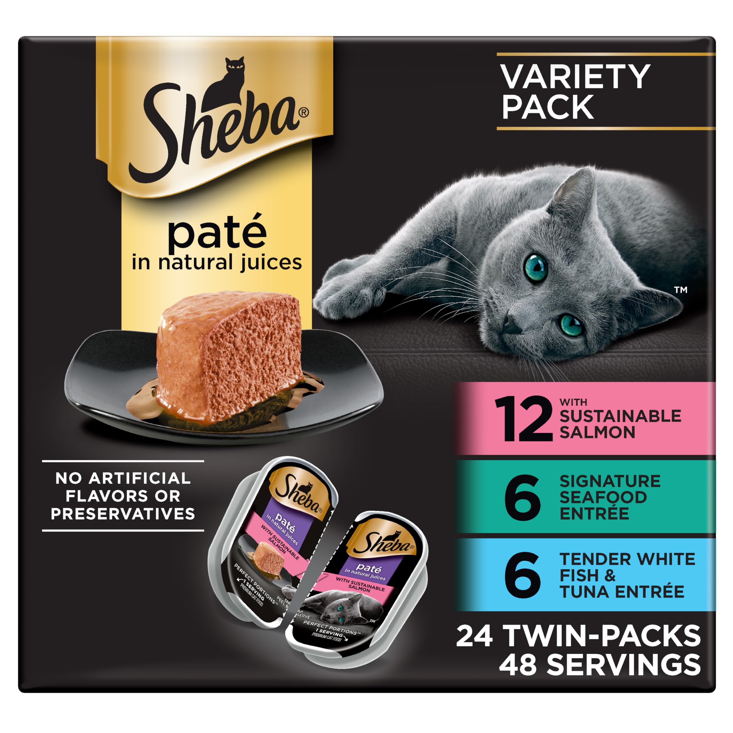 SHEBA PERFECT PORTIONS SEAFOOD PATE 24CT Multipack Signature Seafood Entrée, Delicate Salmon Entrée, and Tender Whitefish & Tuna Entrée Wet Cat Food 2.6 oz. (24 Twin Packs)