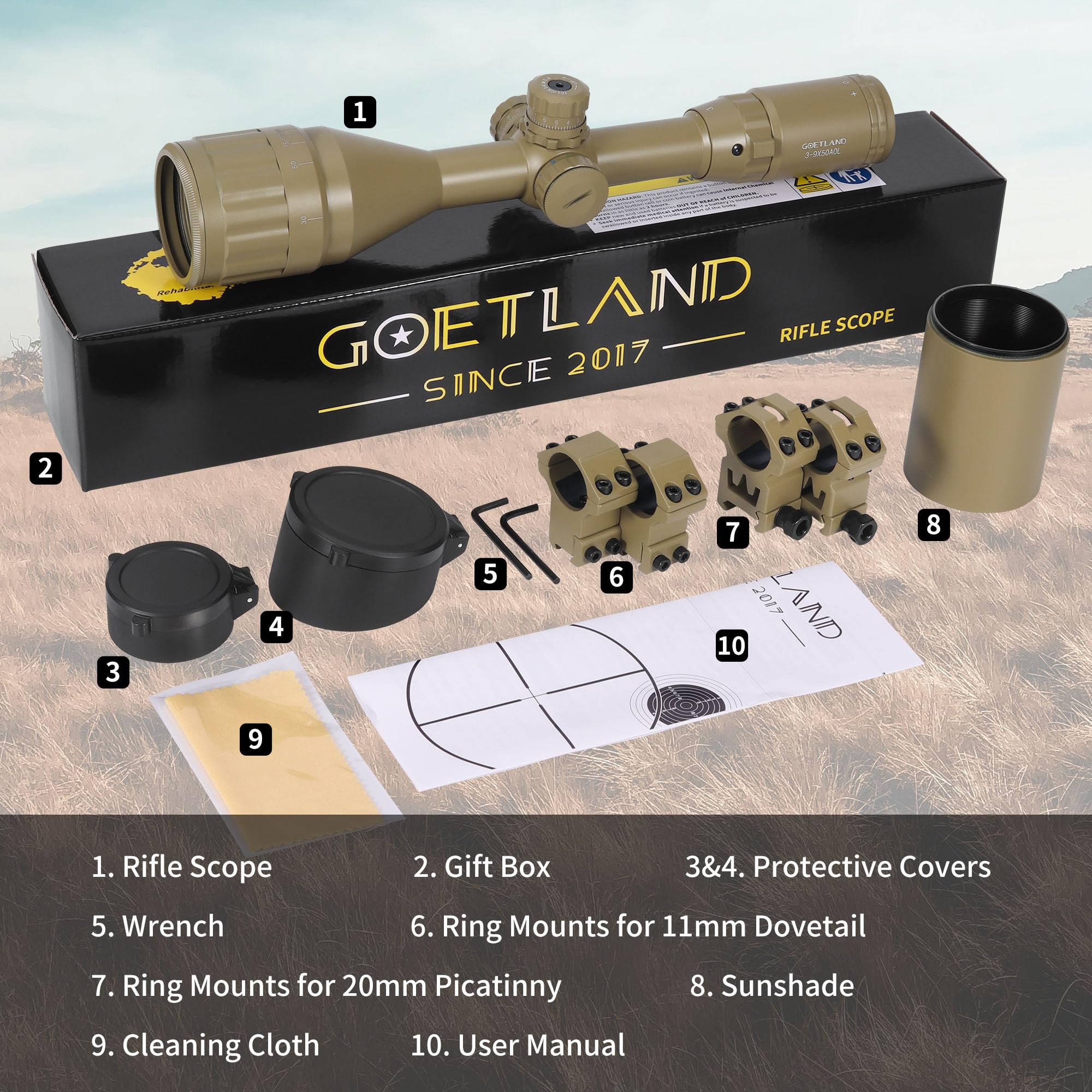 Goetland Gewehr Zielfernrohr 3-9x50 Airsoft Mil Dot Optik R4 Absehen mit Montage Ringe SFP Rot Grün Blaue für Taktische Jagd Luftgewehr Sportschützen