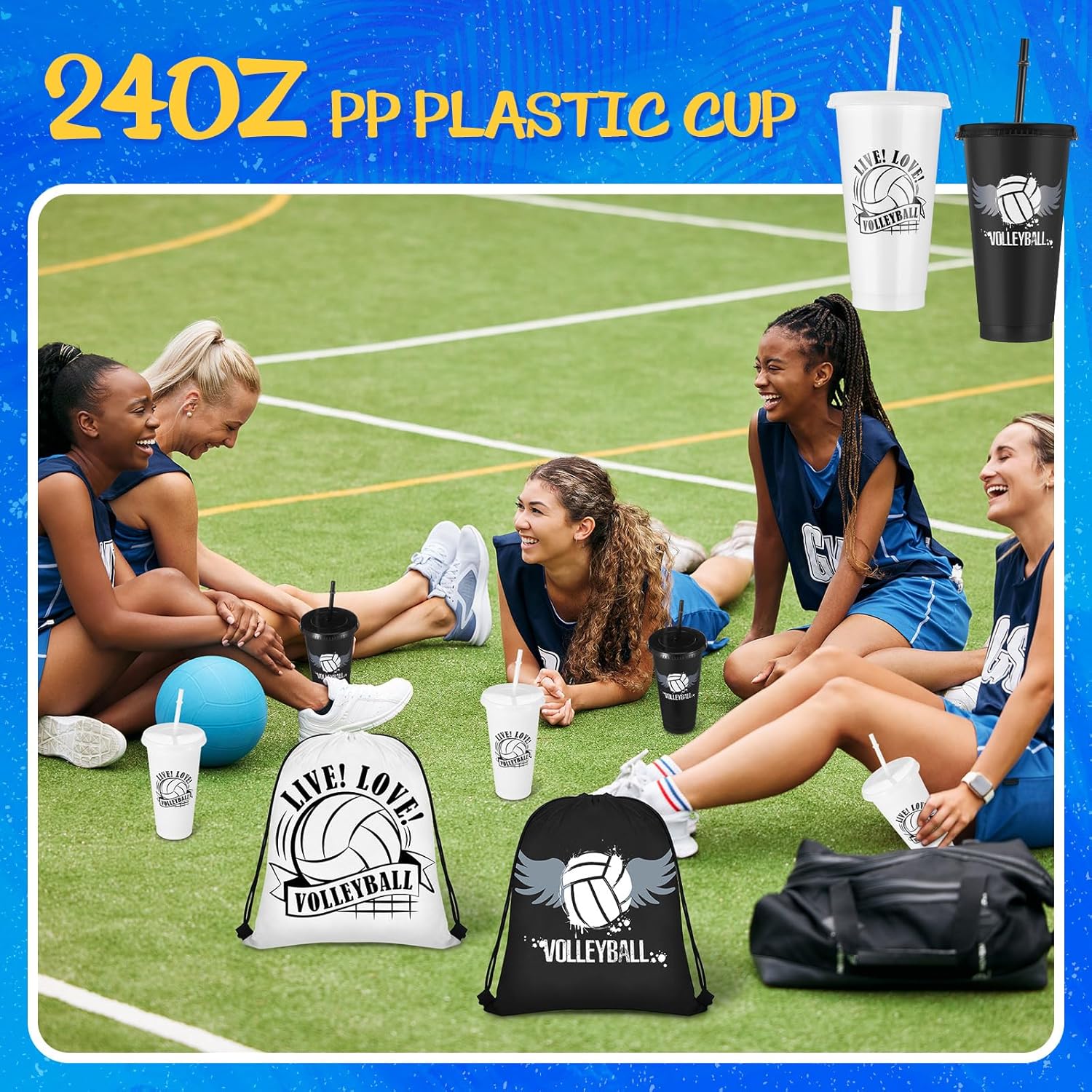 Yungyan 48 Pcs Volleyball Party Favors Set Volleyball Goodie Bags 24oz Volleyball Cups with Lids Sport Drawstring Bags Volleyball Hair Ties Bracelets for Team Gifts Volleyball Party Supplies - Image 6