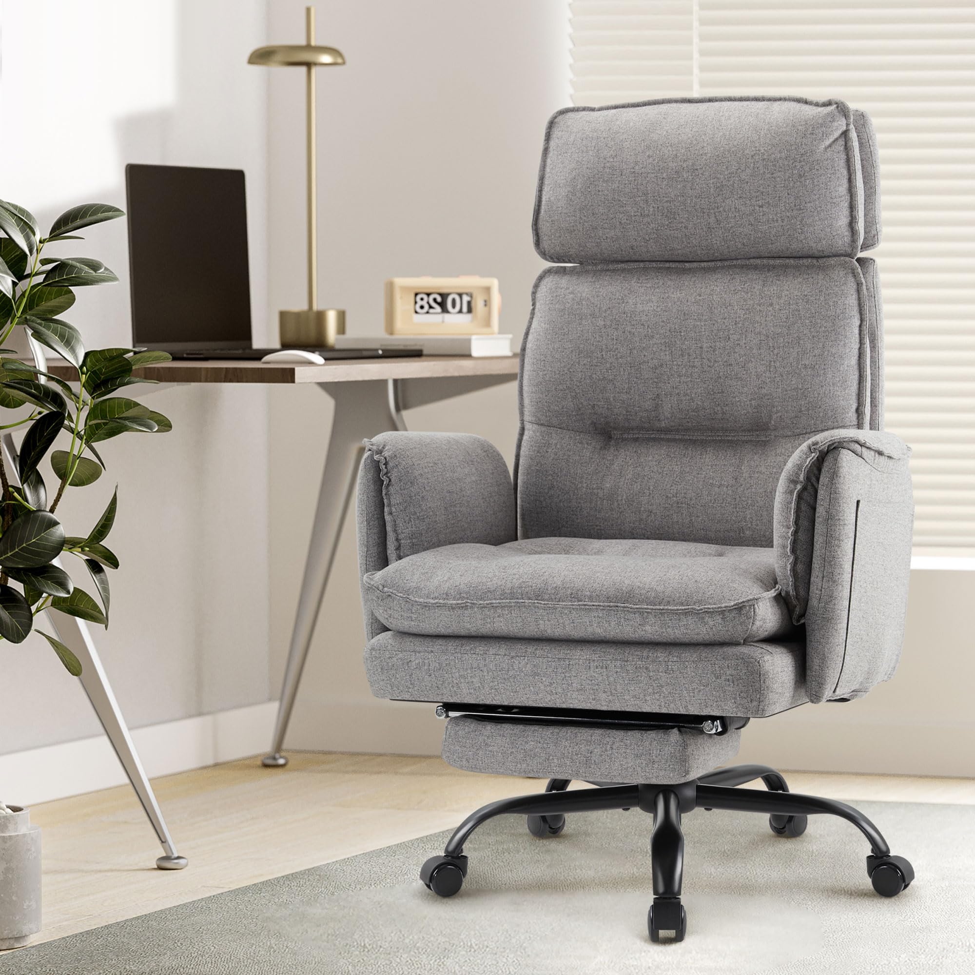 IWMH Ergonomischer Bürostuhl 227kg, XXL Stoff Chefsessel mit Fußstütze Schreibtischstuhl mit höhenverstellbare Kopfstütze,135° Neigefunktion,Drehstuhl für Homeoffice,Gaming (Grau)