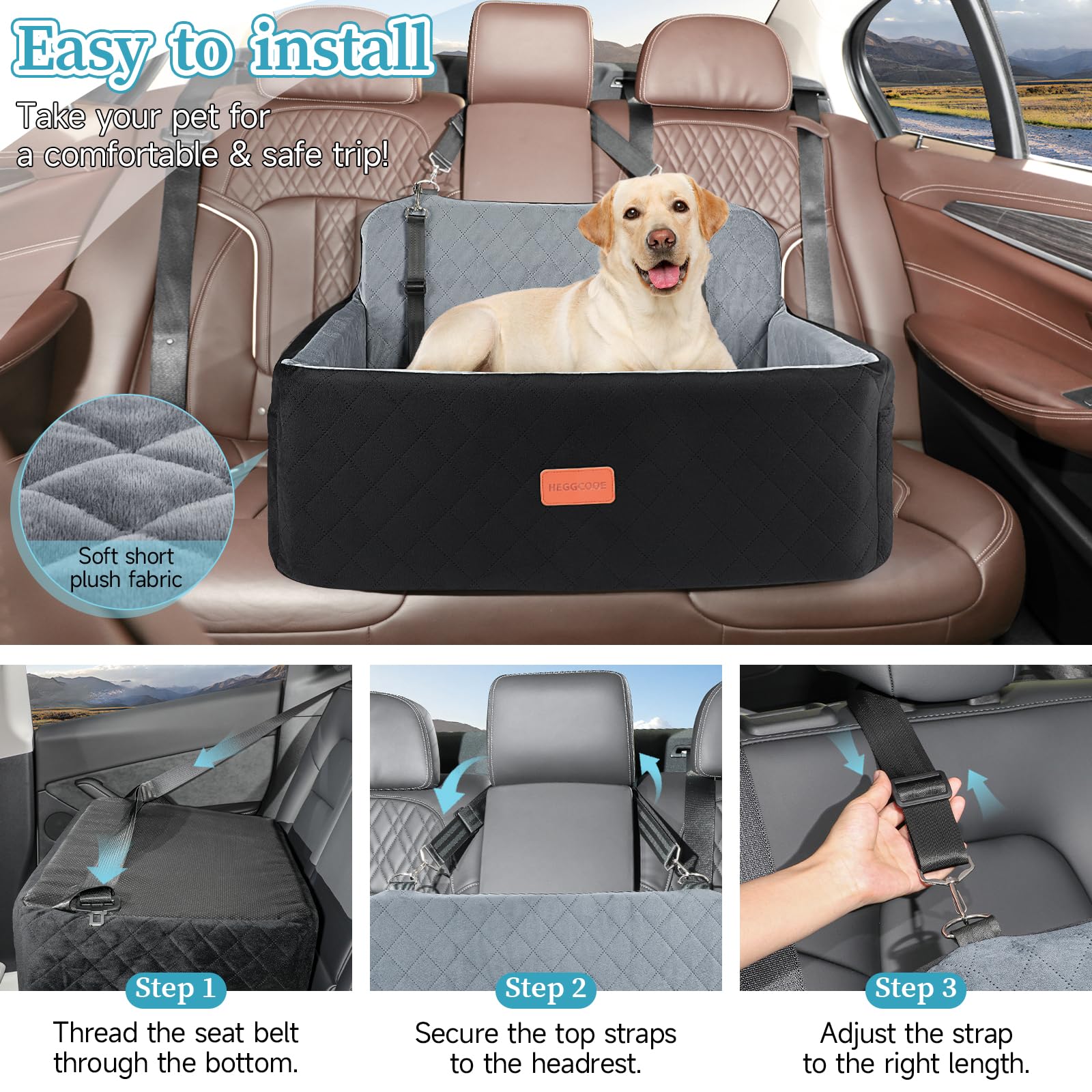 HEGGCOOE - Asiento de coche para perros medianos y grandes, elevador para mascotas <25 kg o 2 perros pequeños, cama de coche extraíble y lavable para asiento trasero