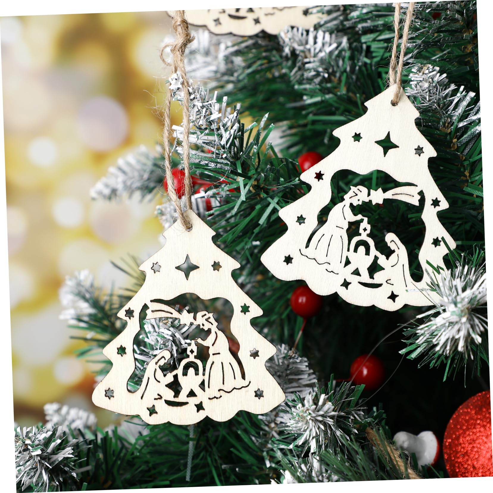 Alipis 90pezzi Ciondoli Legno Per Decorazioni Natalizie Pendente Con Motivo Della Nascita Di Gesù Per Alberi Di Natale e Artigianato Inclusi Funi Juta