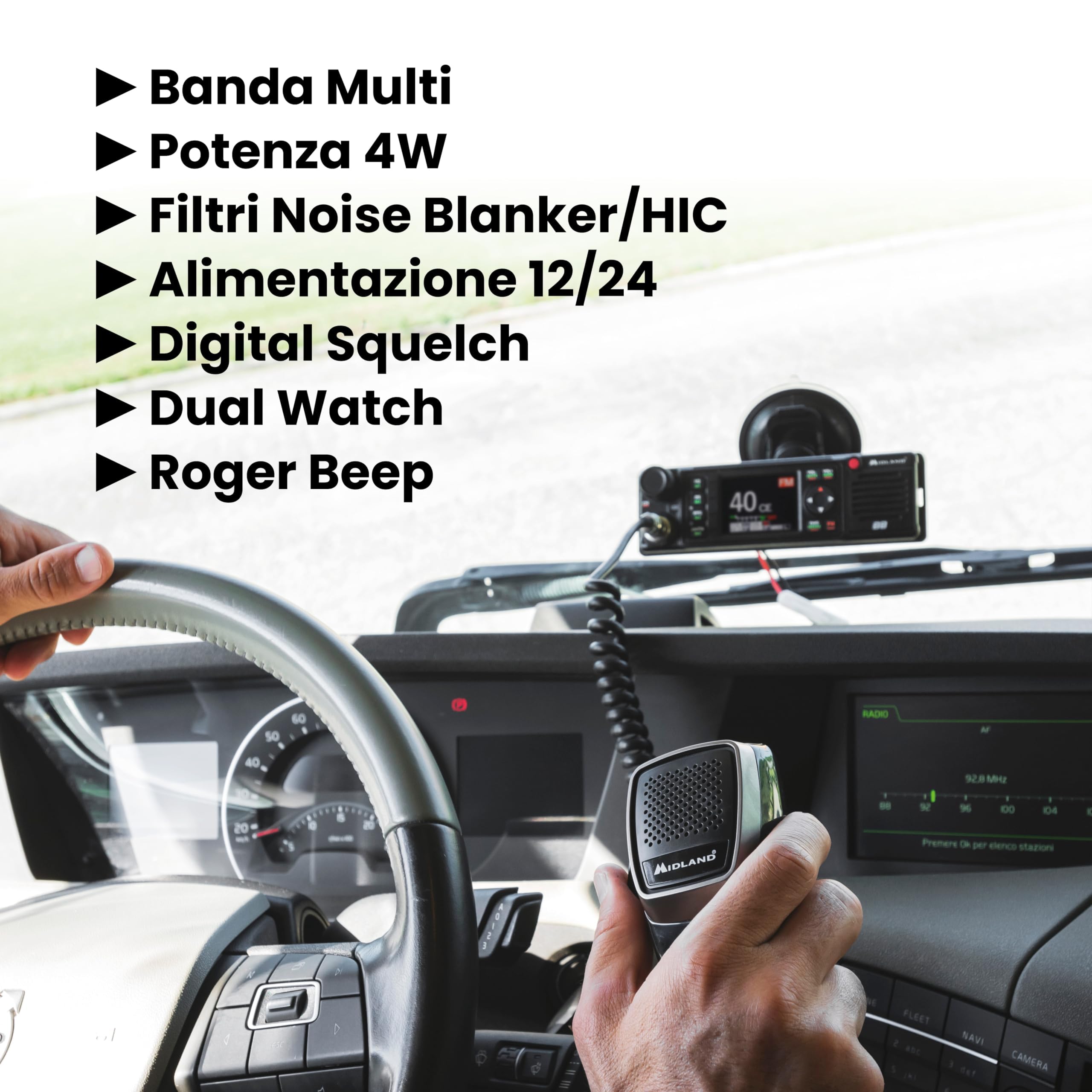 Midland - Radio CB M88 Veicolare Senza Licenza, Ricetrasmittenti Professionali per Tutti Scomparti DIN, Auto Camion Camper e Altri - Display TFT Multicolor, Noise Blanker/HIC, Alimentazione Universale
