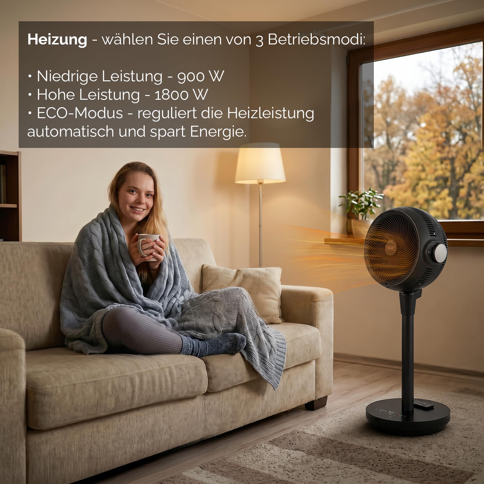 YOER Ventilator 2in1 Kühlen & Heizen, 10 m Wurfweite, Heizlüfter Standventilator leise mit Fernbedienung, 5 Kühlmodi, 12h Timer, 3D Oszillation, CosmoBlaze FH05G, grau