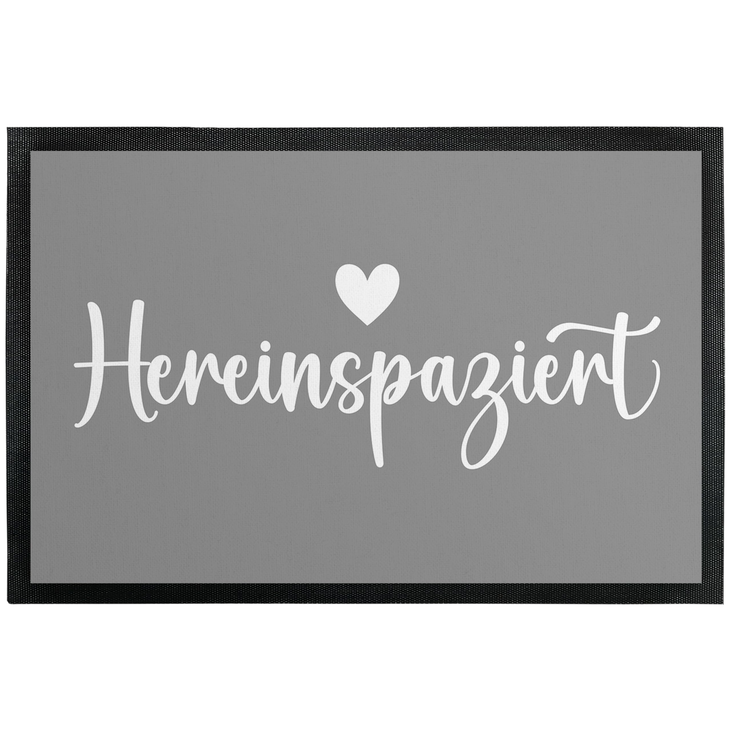 Fußmatte grau „Hereinspaziert“ - Herz - für Innen & Außen – rutschfest, extra dünn & saugfähig - Türmatte - Eingangsbereich Deko - Geschenk für Freunde und Familie zu jedem Anlass, 50 x 75 cm