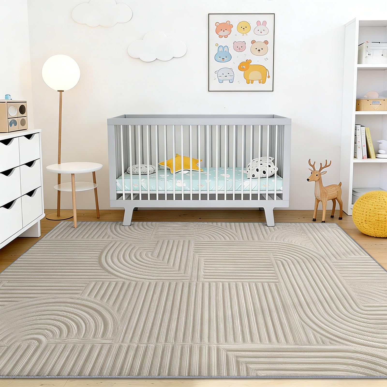Modern Abstrakt Hellbeige Teppich - Rutschfester Waschbarer Niedriger Flor Teppich für Wohnzimmer, Schlafzimmer, Kinderzimmer, Esszimmer, Büro - Geometrisch Gitter Streifen, 120 x 170 cm