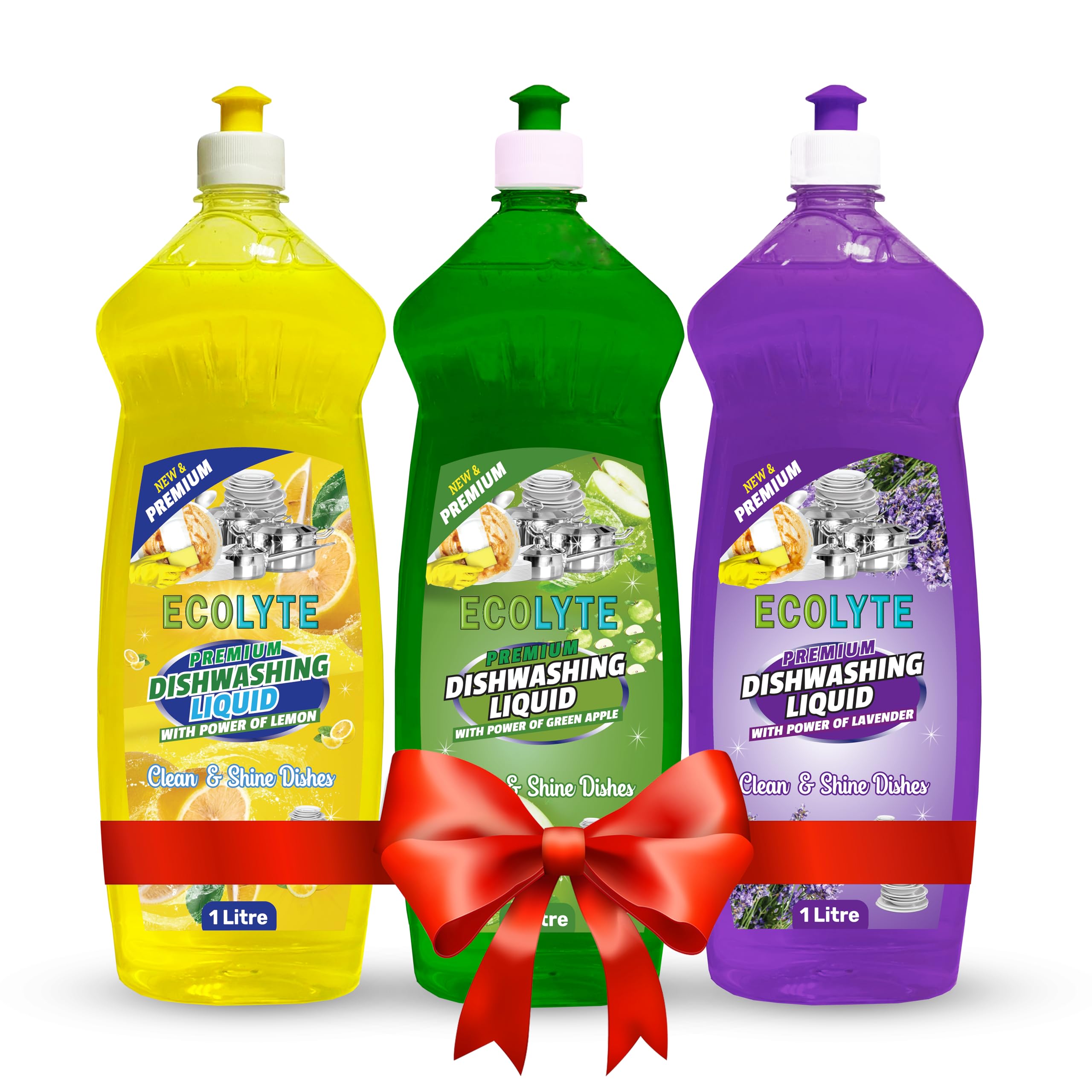 Ecolyte+ Platinum All in one Dishwashing Liquid Soap Detergent and Perfect Shine, Leaves No Residue, Kitchen Cleaner, Removes grease & oil - Pack of 3 (Lemon, Green Apple & Lavender) - 1 Liter
