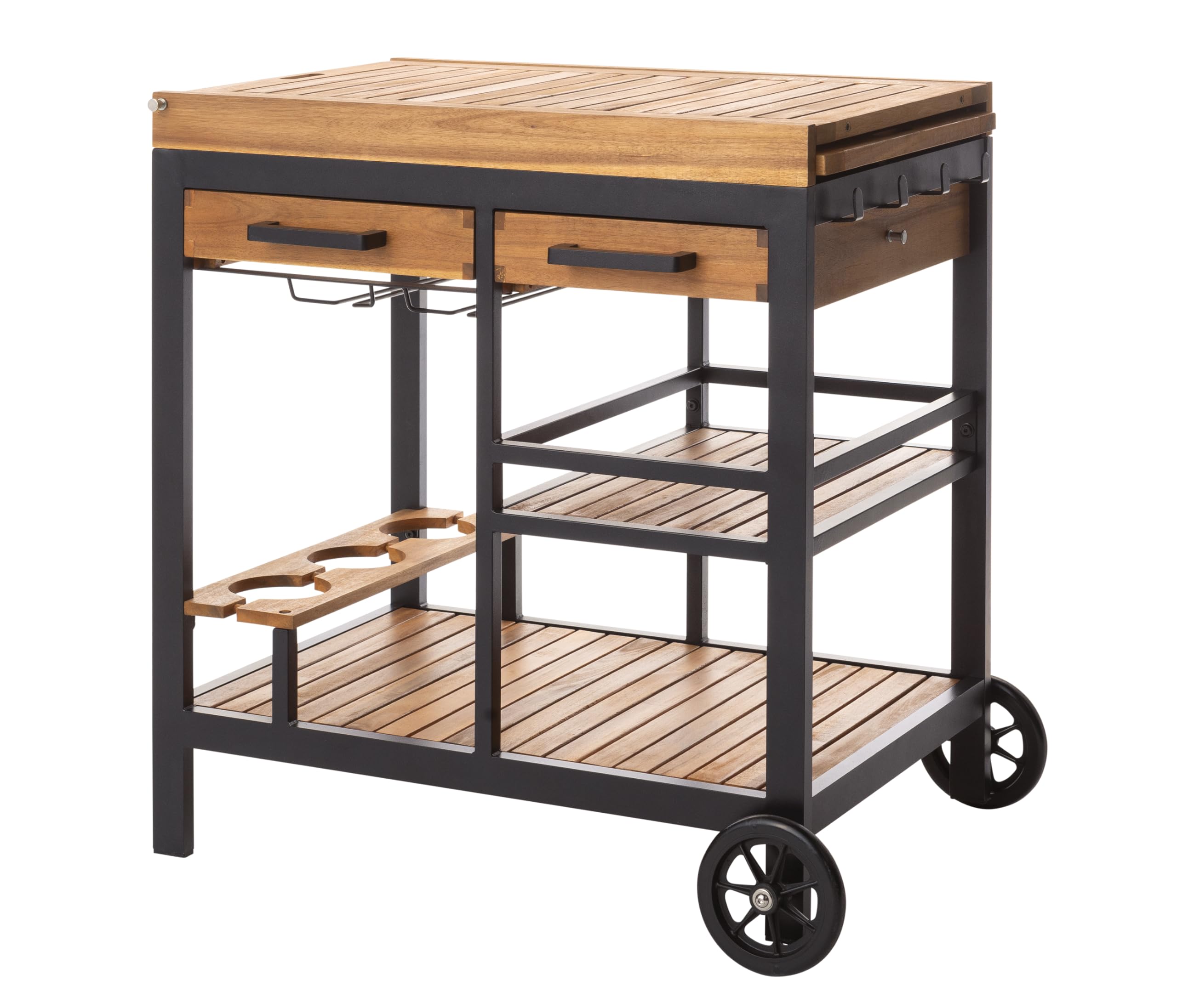 Dehner Servierwagen Liverpool, rollbar, mit Gläserhalterung, 150 x 82 x 52 cm, Aluminium/FSC®-zertifiziertes Akazienholz, schwarz/Natur