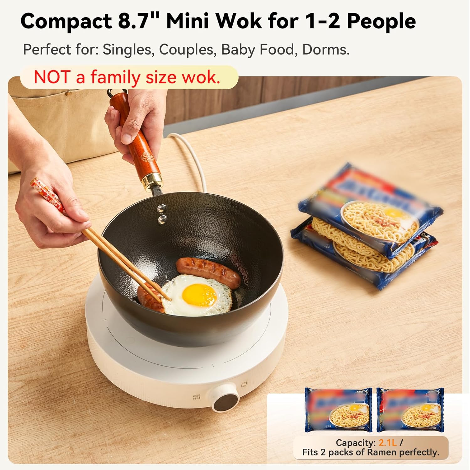 WANGYUANJI Carbon Steel Wok with Lid, 8.7" Small Mini Wok Pan, Thickened Heavy Duty Flat Bottom for Deep Frying, Camping & Solo Meals, Induction Ready, Seasoning Required - Image 3