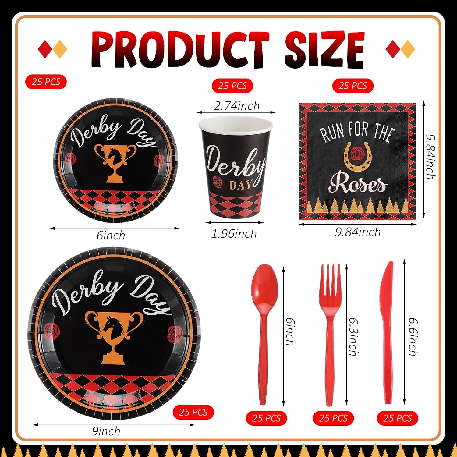 Gerrii 250 Pcs Derby Day Party Supplies for 25 Guest, Horse Racing Party Tableware Set Run for The Roses Plates and Napkins Disposable Cups Forks Knives, Horse Theme Dinnerware Derby Race Decorations