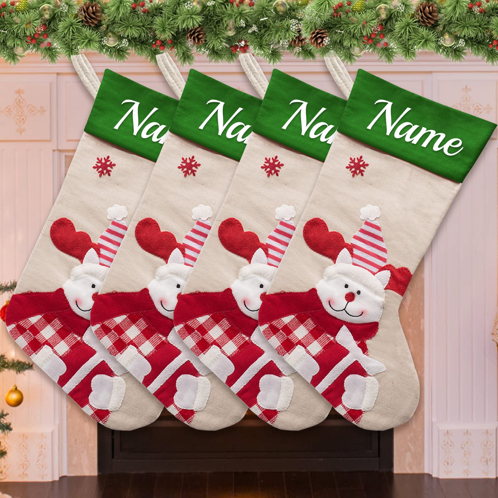 Medias de Navidad personalizadas Set de 4 medias de Navidad personalizadas con nombre adorno familiar para decoración navideña, ciervo verde 2