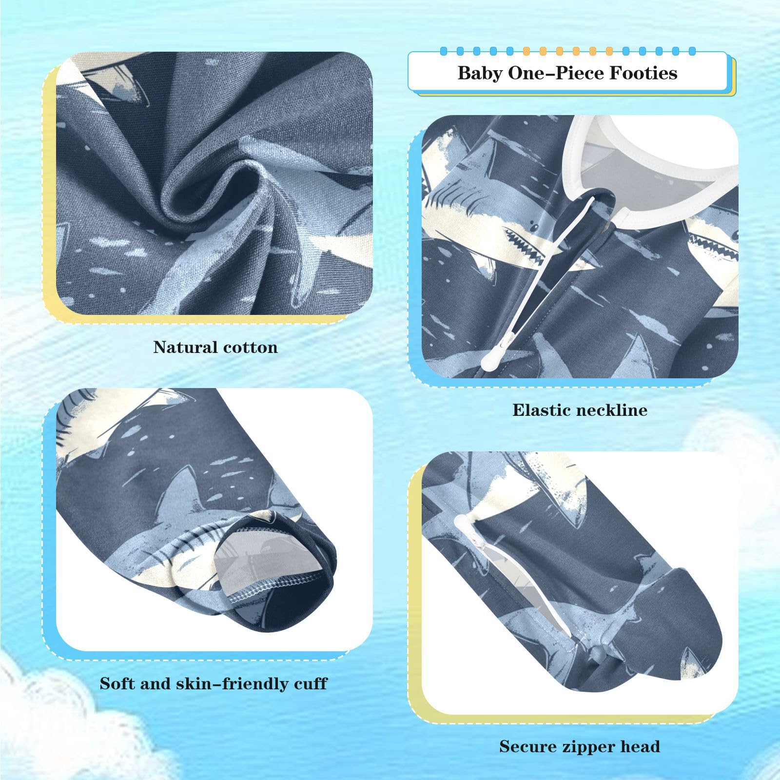 Wusikd Shark Animal One-Piece Footies Sea Funny Bodysuit Rompers Zipper for Boys Girls 24M