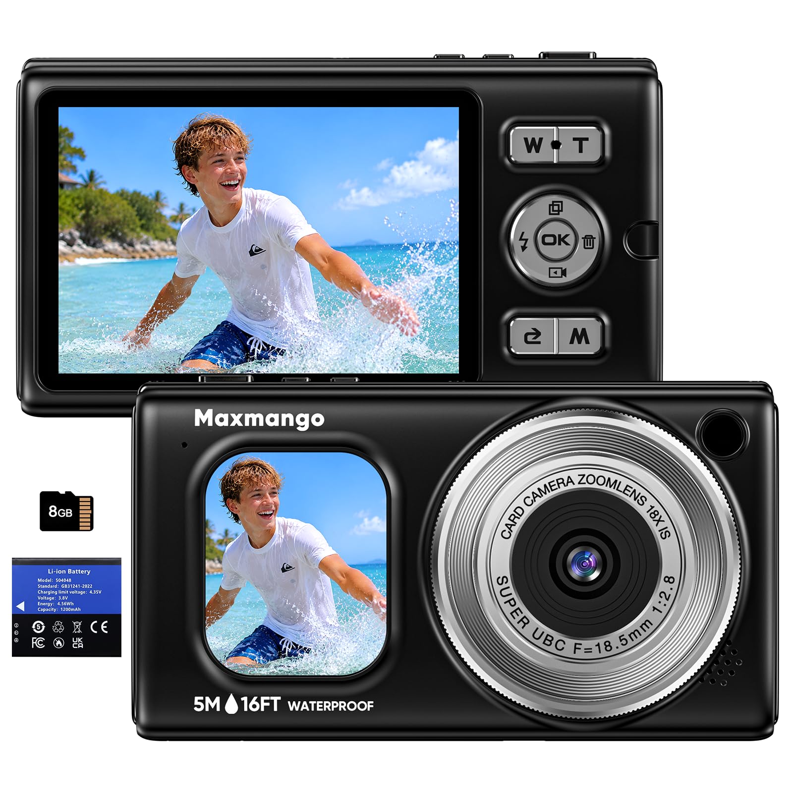 16FT Macchina Fotografica Subacquea, 4K 48MP Batteria Rimovibile 1500mAh | Maxmango D71 Fotocamera Impermeabile con Doppio Schermo, Zoom 18X, Autofocus per Snorkeling e Nuoto Surf, Nero(8GB）