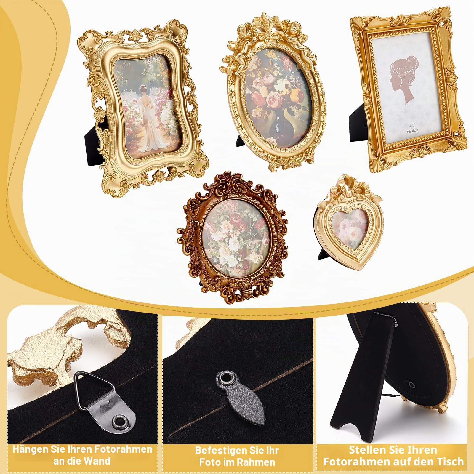 5 Stück Goldenes Vintage Bild Antikes Harz Fotorahmen Set Für 10.2x15.3/12.7x17.8 antikgoldenen Galerie Wandrahmen Kleiner Luxuriöser Wandbehang Dekoration Für Galeriewand Fotoausstellung
