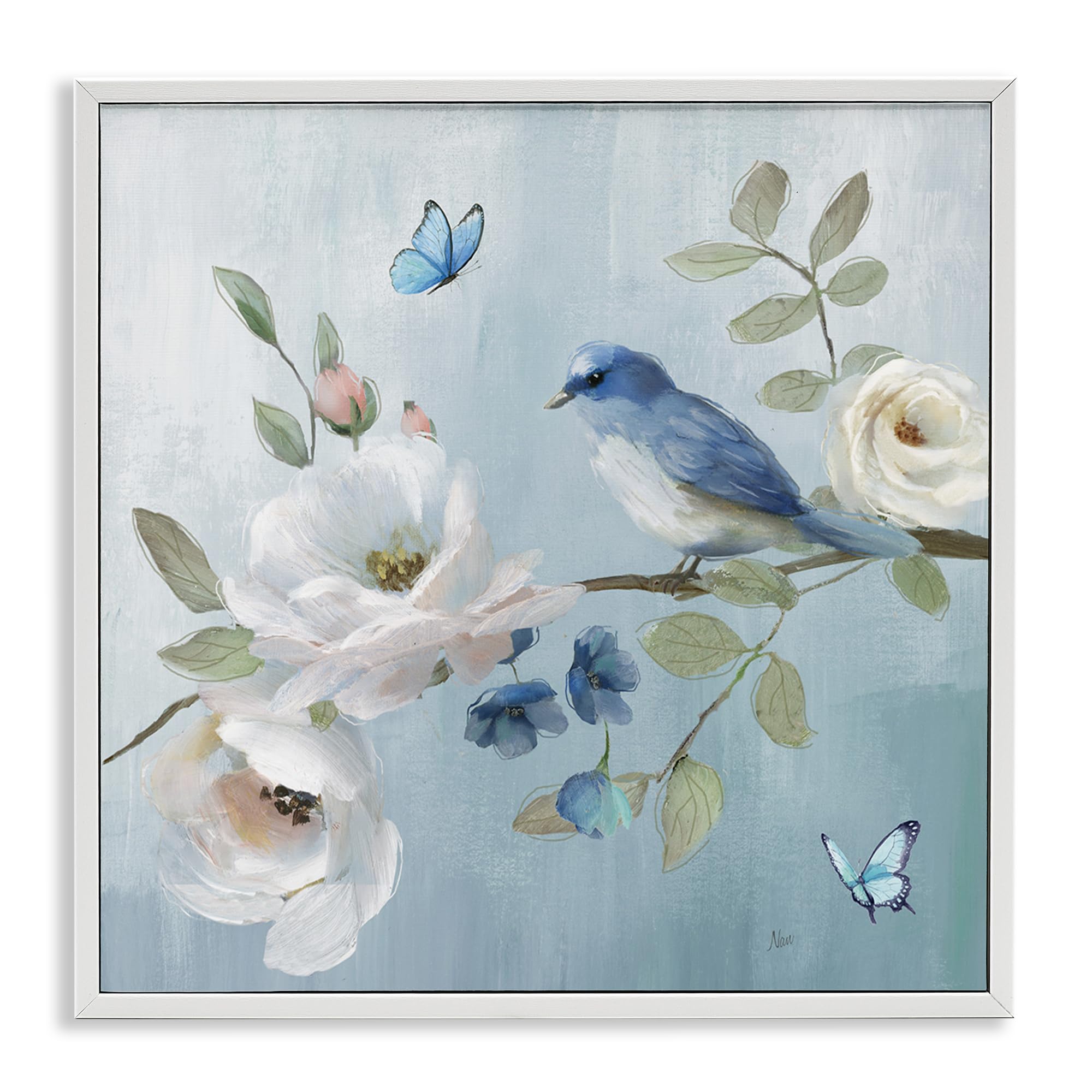 Stupell Industries Pastel Blue Bird Blooms 'Pastel Blue Bird Blooms', Framed Giclee Art, White, 24 X 24 Inches, Easy To Hang And Sturdy, Made In Usa, By Nan
