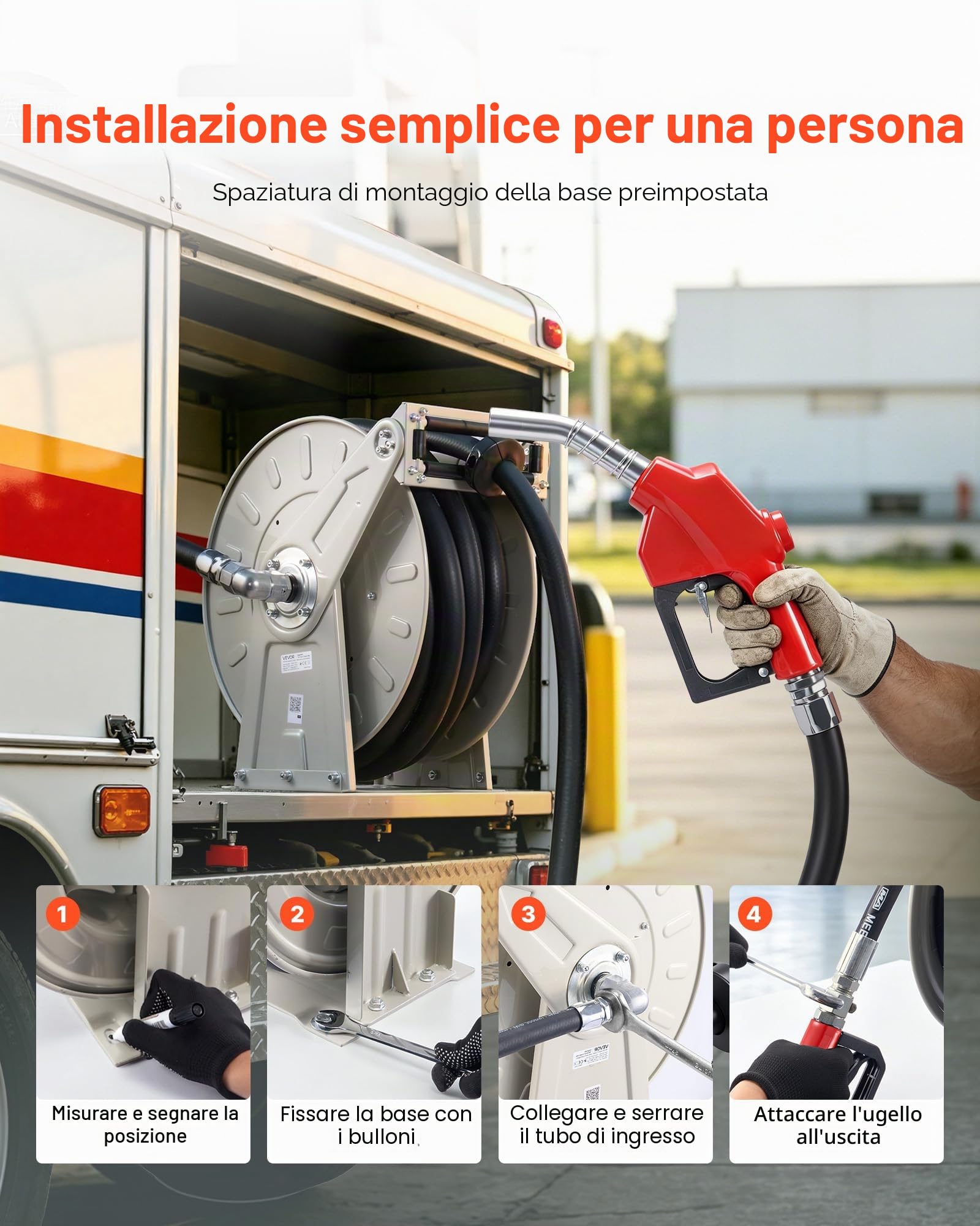 VEVOR Avvolgitubo Carburante, 1" x 50', Avvolgitubo Diesel Retrattile, Costruzione in Acciaio al Carbonio con Ugello Carburante, Tubo in Gomma NBR per Camion Cisterna Veicoli Nave Aereo 300PSI