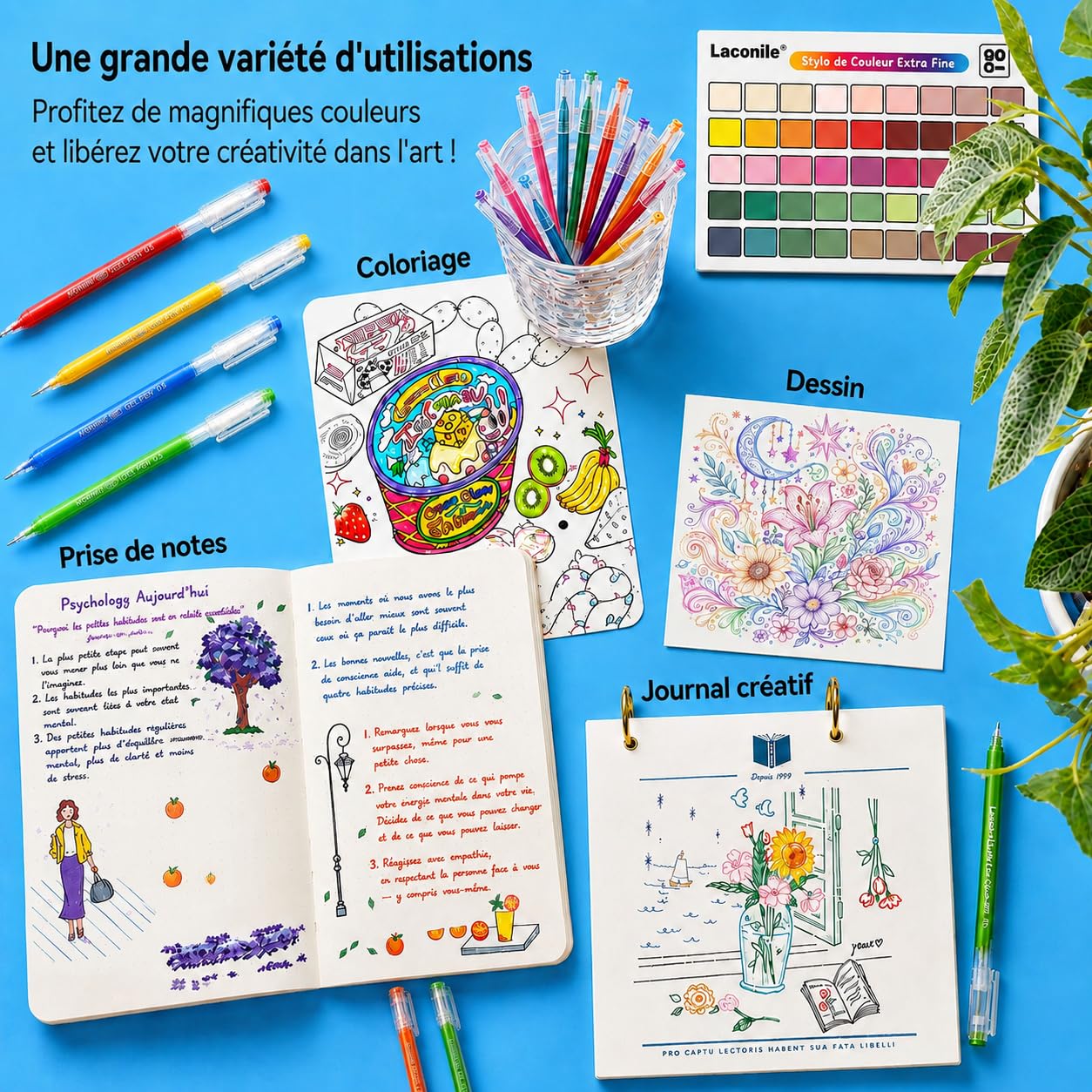 Laconile 240 Stylos Gel pour Coloriage Adulte – Pointe Fine 0,6 mm – Gel Pen pour Scrapbooking, Dessin, Écriture, Griffonnage, Journal – 231 Couleurs Vives + 3 Blanc/3 Argent/3 Or