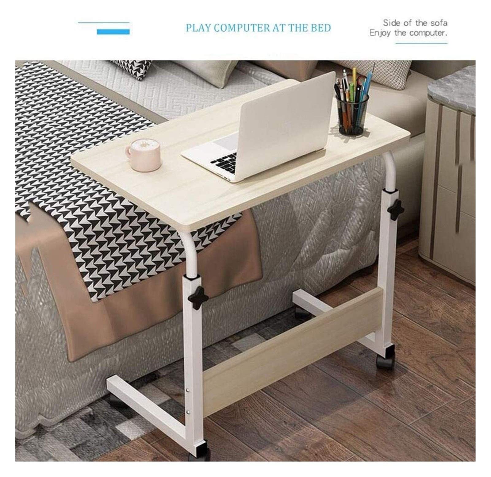 Mesa Auxiliar sobre la Cama con Ruedas, Escritorio de Noche con Base en Forma de C, Escritorio para portátil, Oficina en casa, Mesa Auxiliar móvil, Mesa para portátil, Soporte para Ordenador