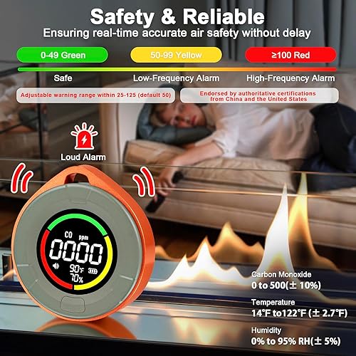 Miniatura 4 de Pildegro Detector de monóxido de carbono portátil 3 en 1, detector de CO de viaje recargable profesional y preciso con alarma fuerte, monitor de CO