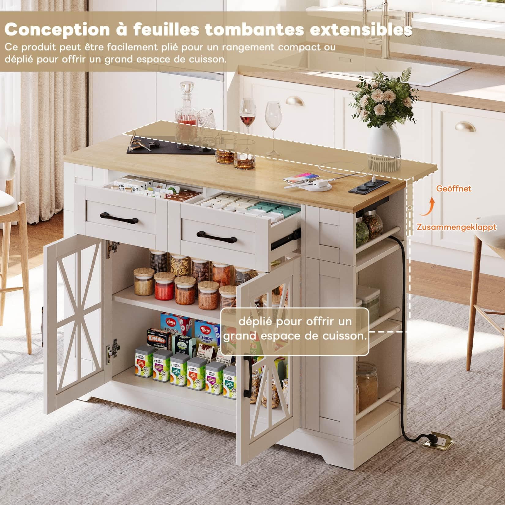 Desserte Cuisine à Roues Verrouillables 120x65x92cm,Ilot Central Cuisine avec Plan de Travail Pliable,2 Tiroirs,6 Étagères Ouvertes,Étagères Réglables,2 Portes Vitrées,Prises (A-Blanc)