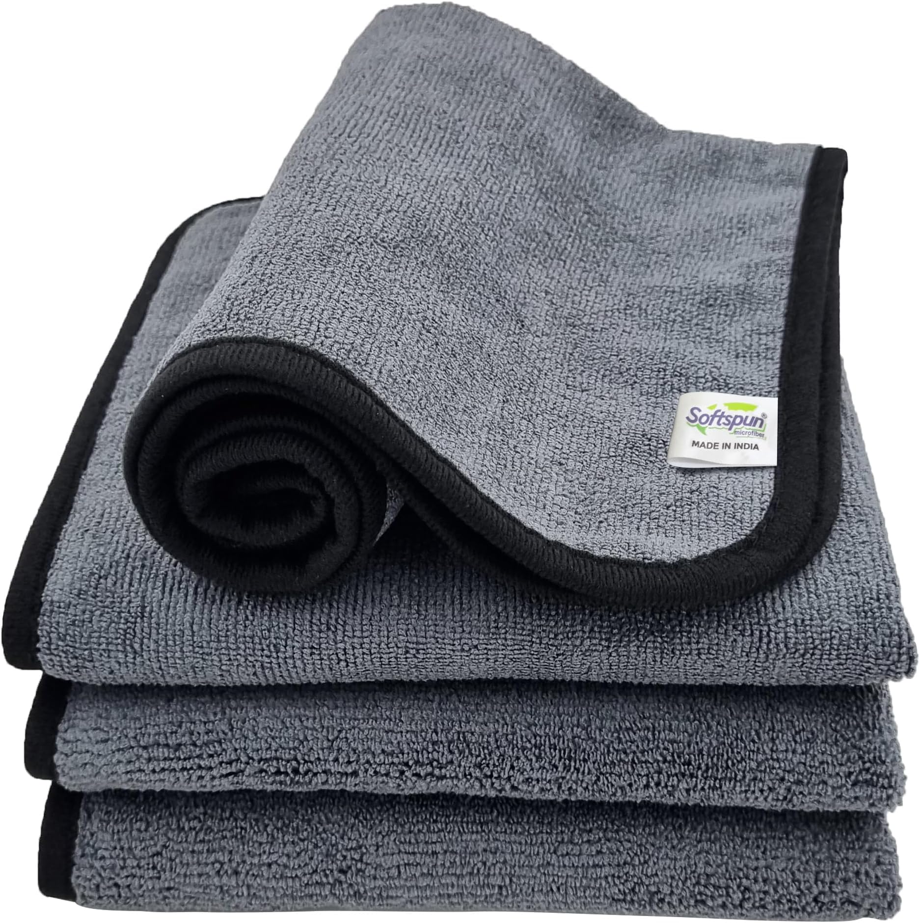 SOFTSPUNMicrofiber Cloth Silk Banded Edges 4pcs 40x40cms 340GSM Grey! Thick Lint & StreakFree Multipurpose Cloths Automotive Microfibre Towels for Car Cleaning Polishing Washing & Detailing.