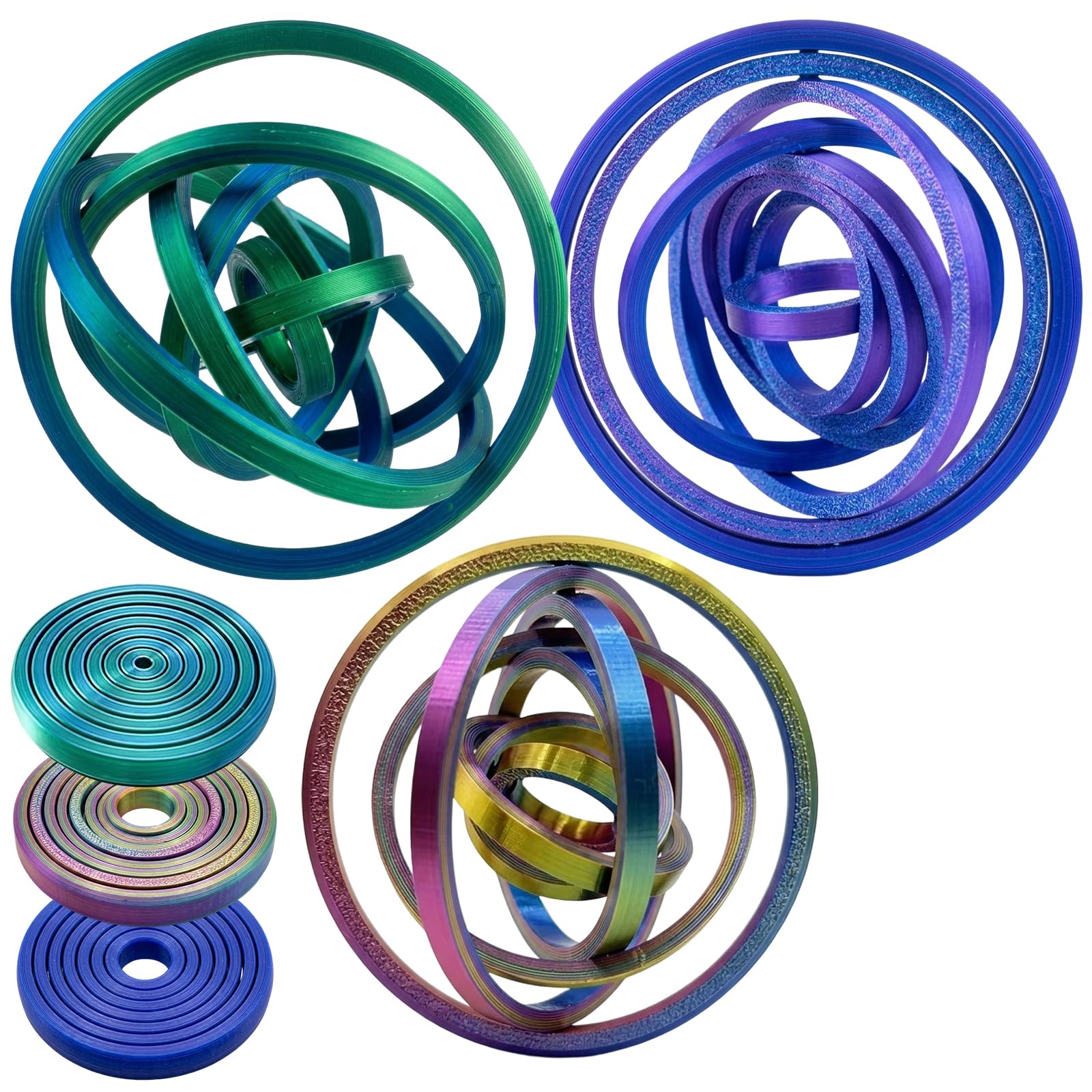 3Pcs Fidget Toys Adults, 3D Printed Fidget Toy for Anxiety Relief and Focus, Sensory Stimulation Tools for Office Desk and Travel Use, Holographic Blue Purple and Blue Green Designs