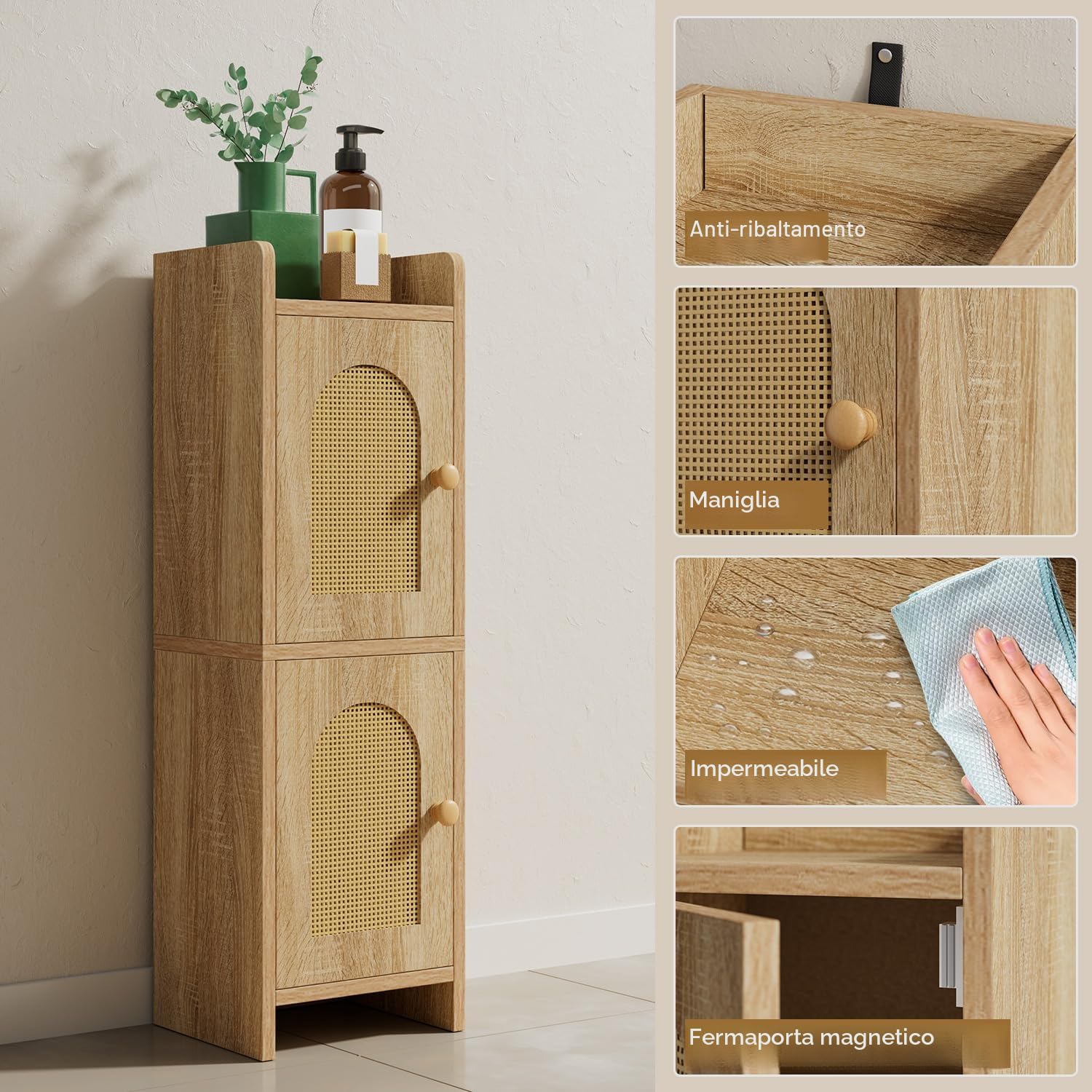 IBUYKE Piccolo armadietto da bagno con porta in rattan, porta carta igienica stretta, armadietto da pavimento con ripiani regolabili, organizer salvaspazio per articoli da toeletta WBS001N