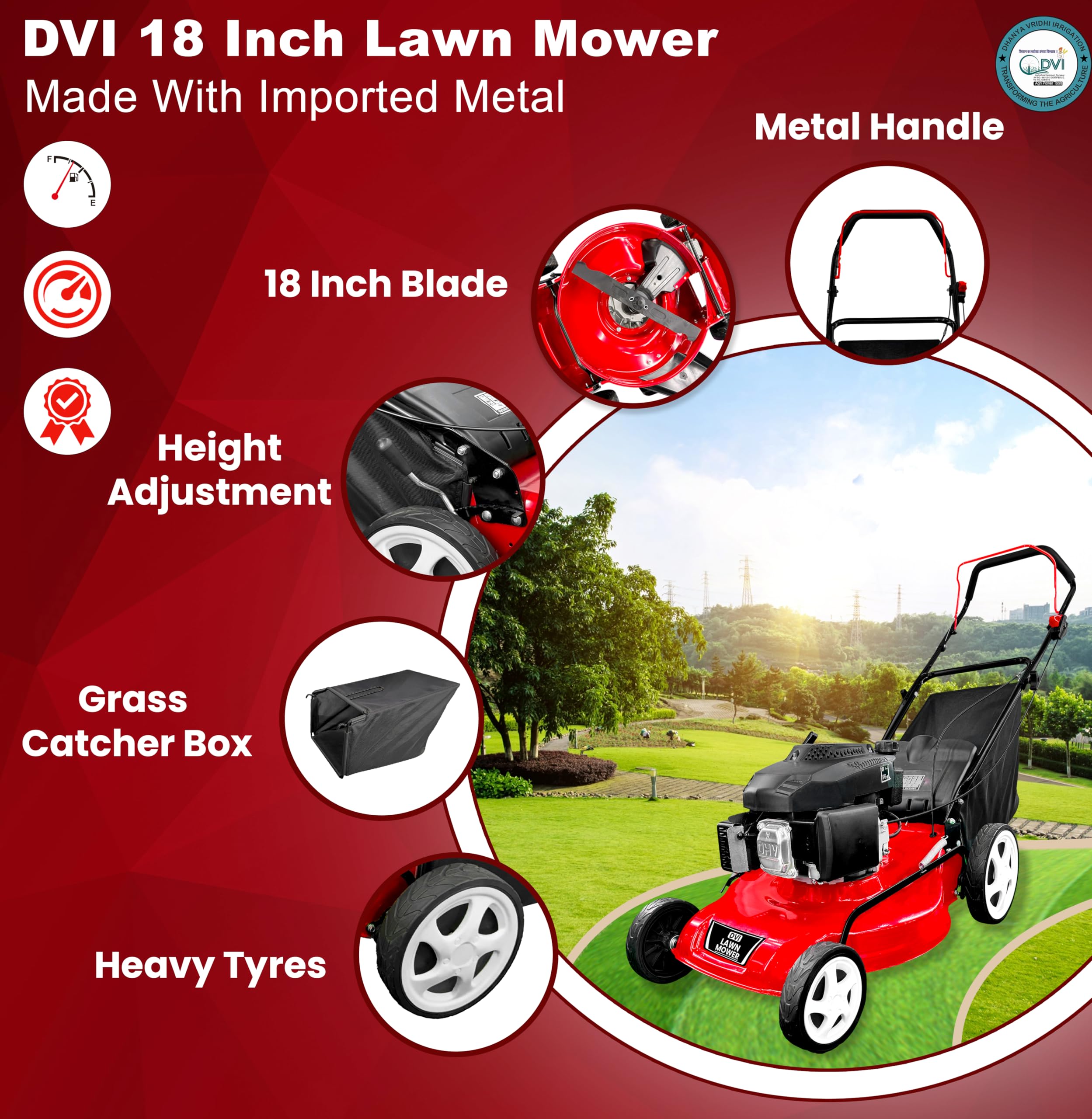 DVI 18 Inch Petrol Lawn Mower with 60L Grass Catcher Box for Lawn and Garden with 7-Height Cutting Position | High Power 4HP Engine with 3600 RPM | 1 Year Manufacturer Warranty. - Image 2 thumbnail