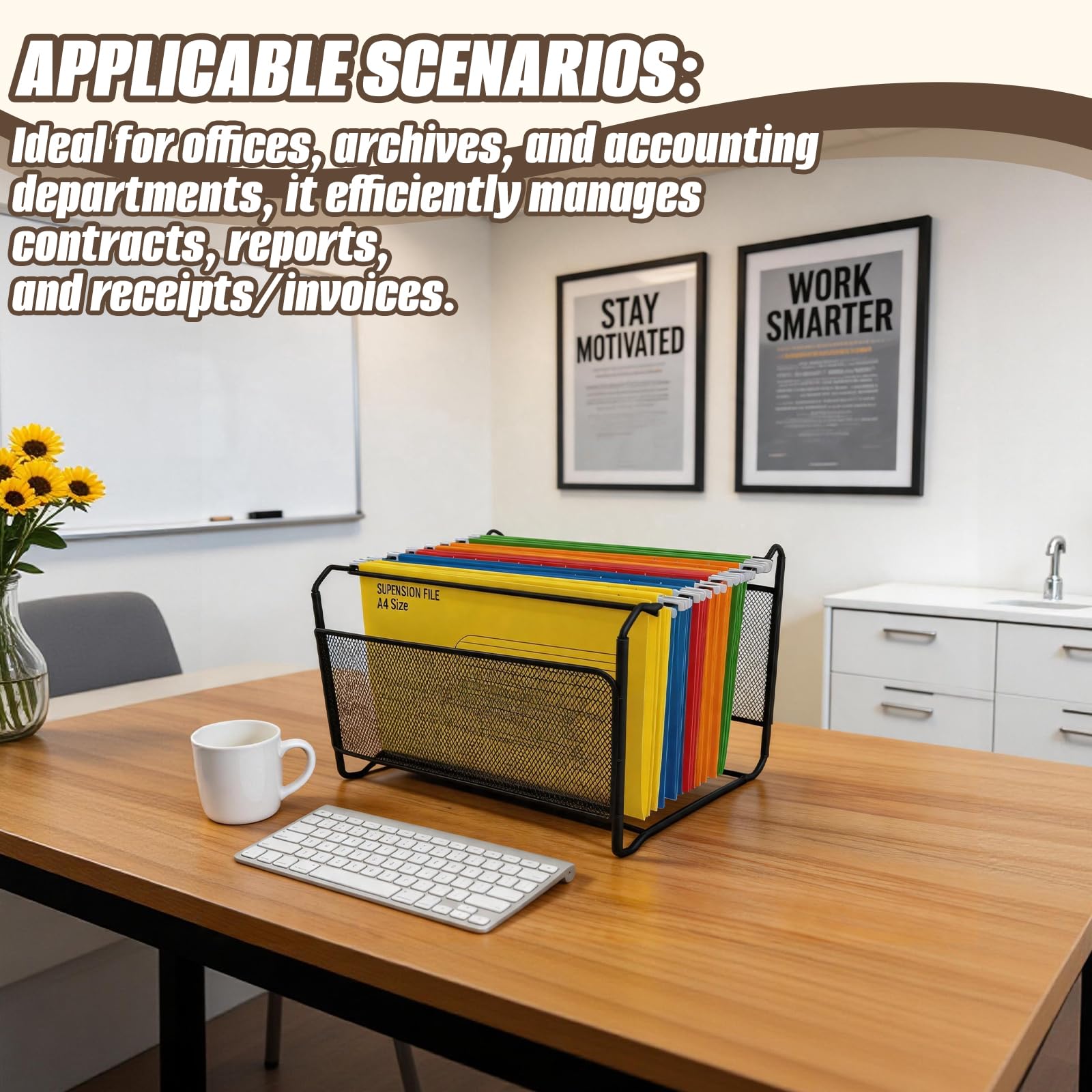 Organizador de Carpetas Colgantes con Carpeta para Documentos, Archivador Carpetas Colgantes Malla Negra A4, 20 Piezas Carpetas A4, Caja Archivador Mueble de Sobremesa, Uso Oficina y el Hogar