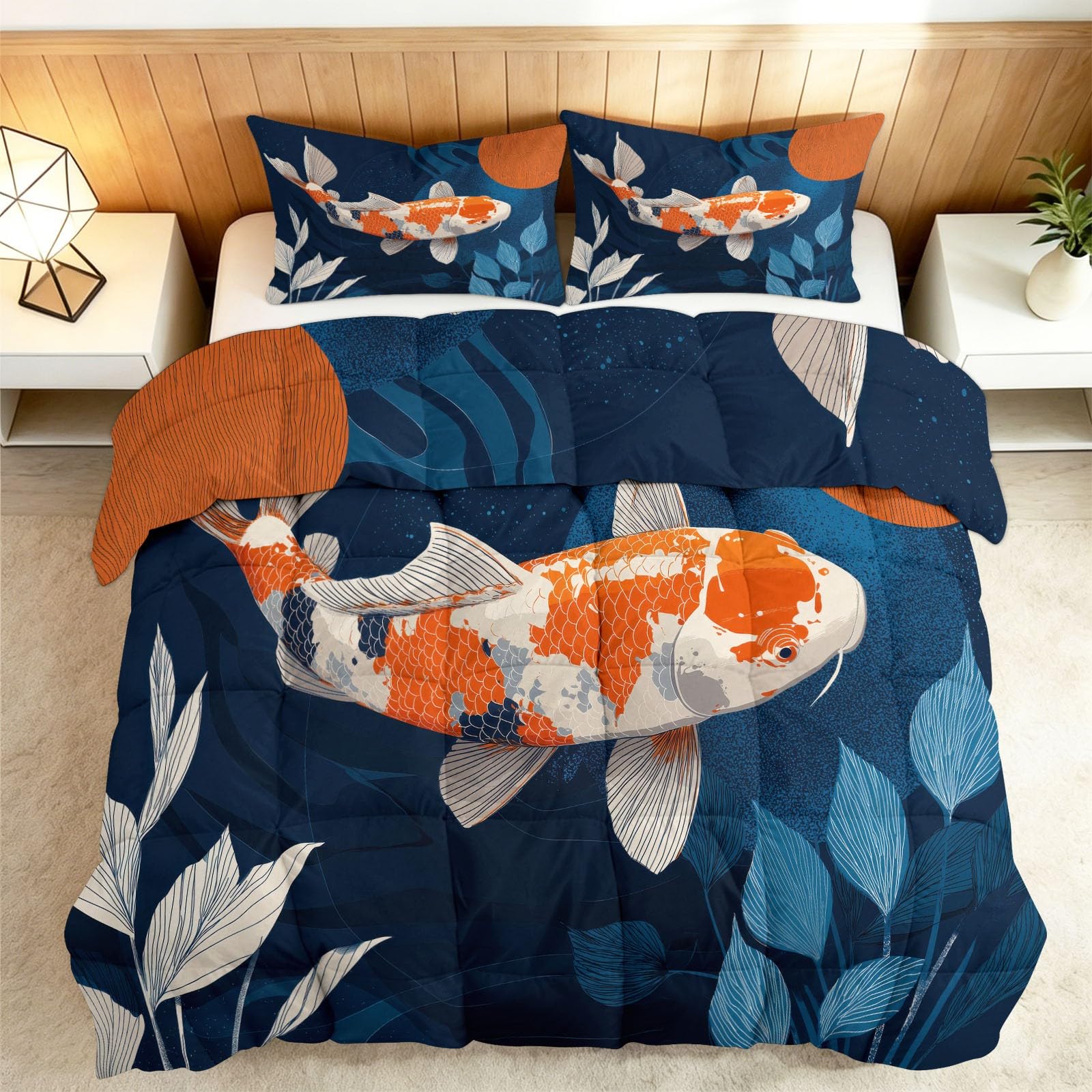 Zestaw kołdry bez pokrowca 230 x 220 cm liście karpiowe alternatywny zestaw kołdry z 2 poszewkami na poduszki, dwustronna bawełniana miękka ciepła kołdra, można prać w pralce