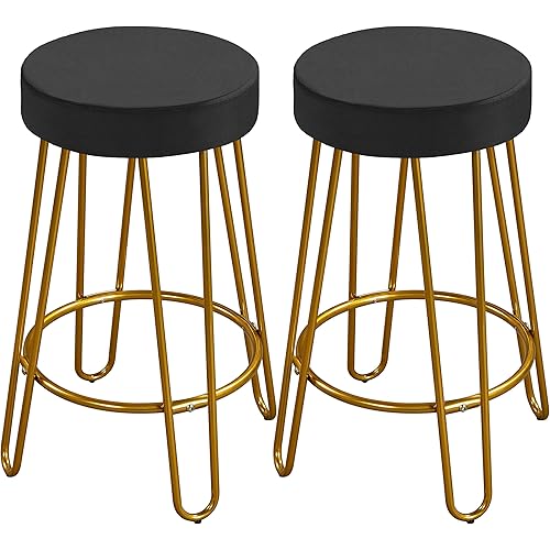 Yaheetech Bar Counter Height Stools Home Barstools with Upholstered Velvet Round Backless Seat and Hairpin Legs Set of 2, Black