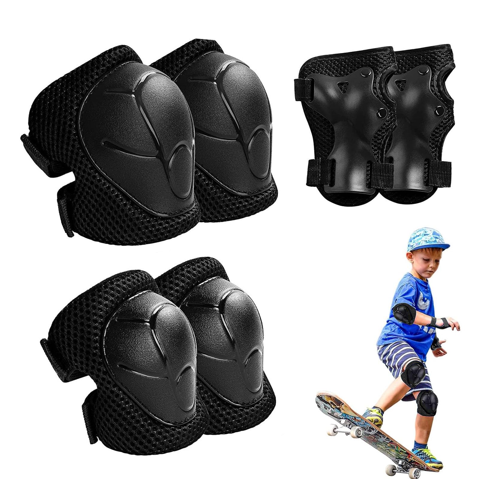 Kids Knee Pads, 6Pcs Kids Knee And Elbow Pads, Kid Sports Protective Gear Set for Skateboard Roller Skating Biking and Outdoor Multi-Sports (Black)
