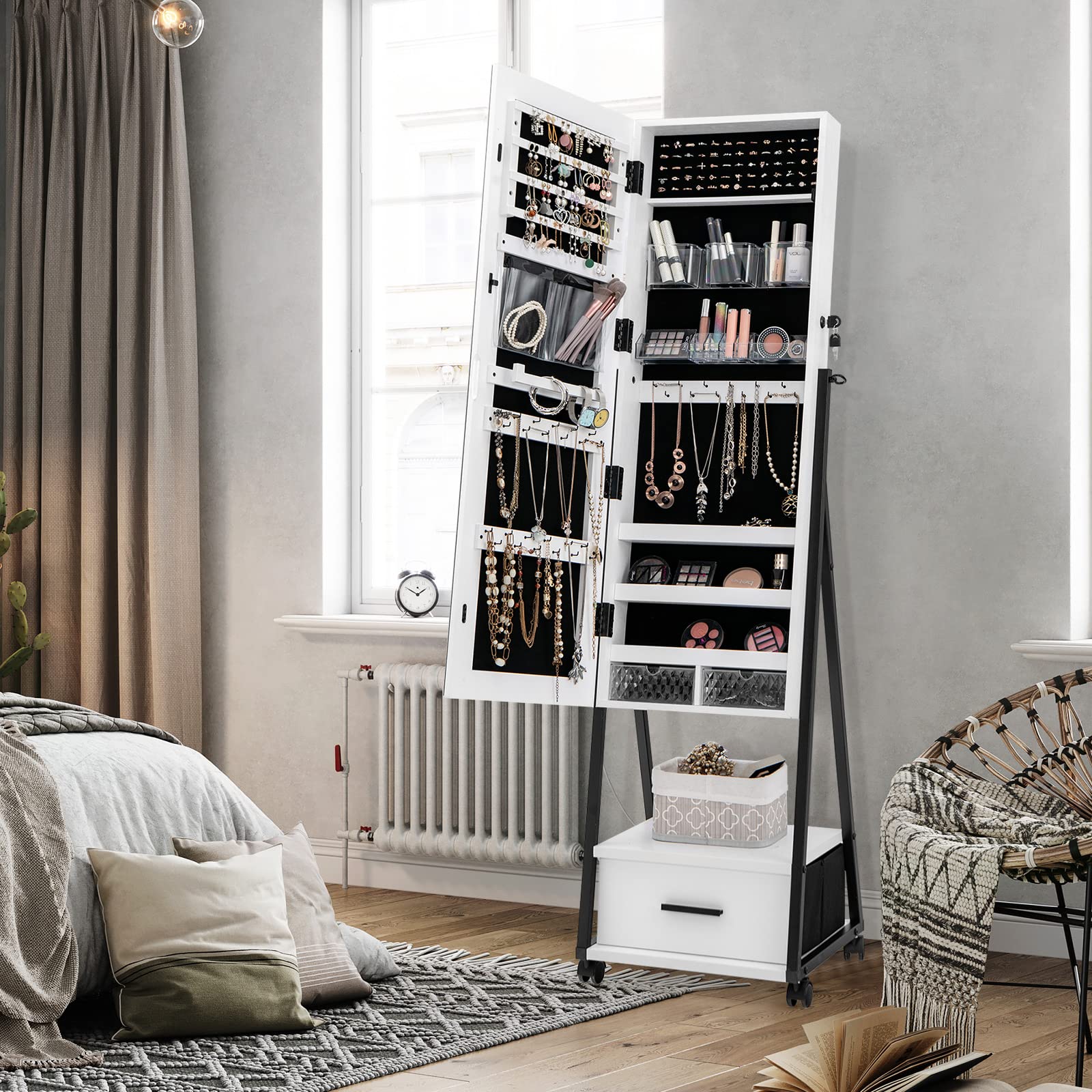 Armadietto Portagioie Con Specchio A Figura Intera RELAX4LIFE | Bianco | 85 Scomparti E 4 Inclinazioni - Foto 12