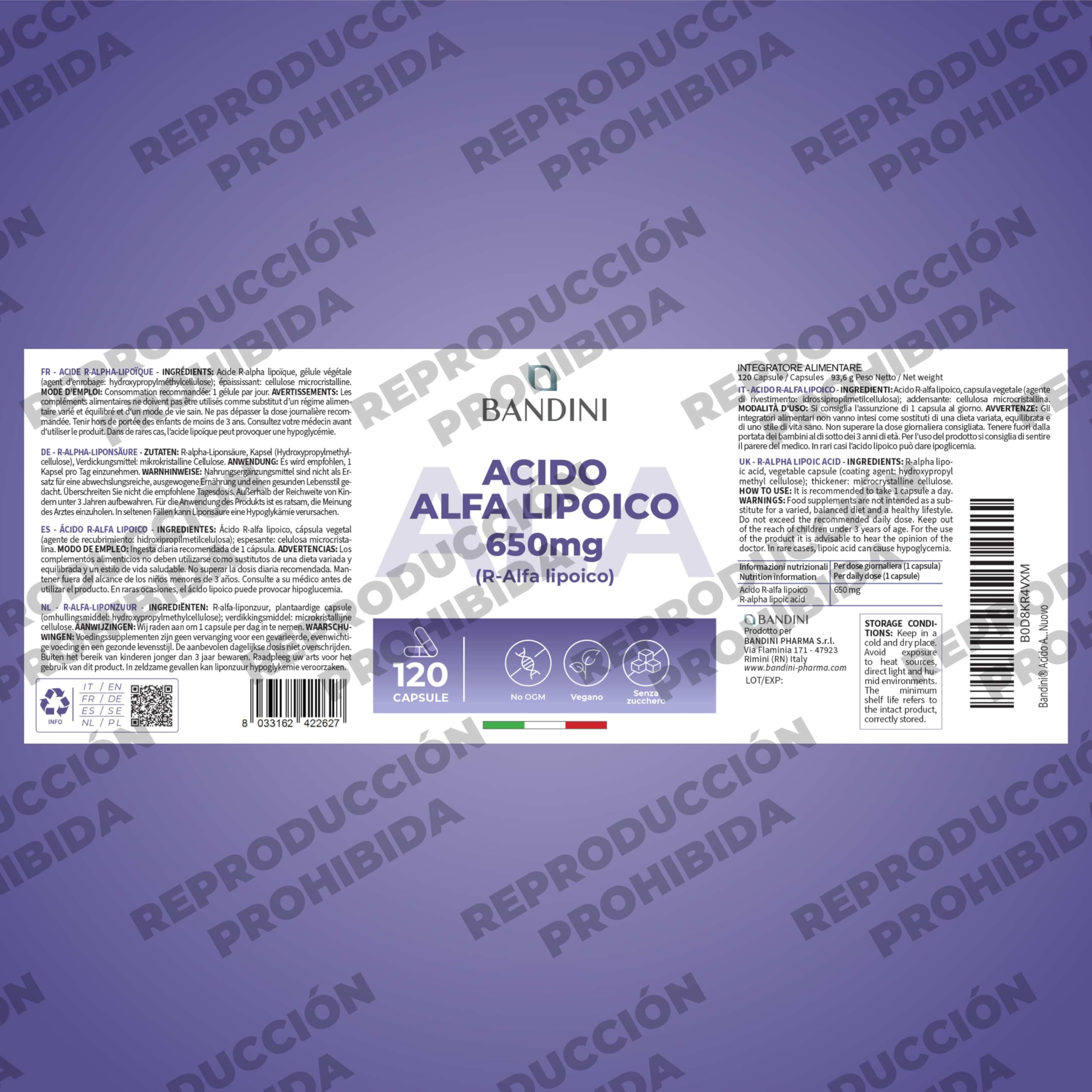 Bandini® Ácido Alfa Lipoico (ALA) 650 mg | 120 cápsulas de alta potencia para veganos | Máxima Absorción | Antioxidante Natural, ayuda a reducir la inflamación | Non GMO | Suministro para 4 meses