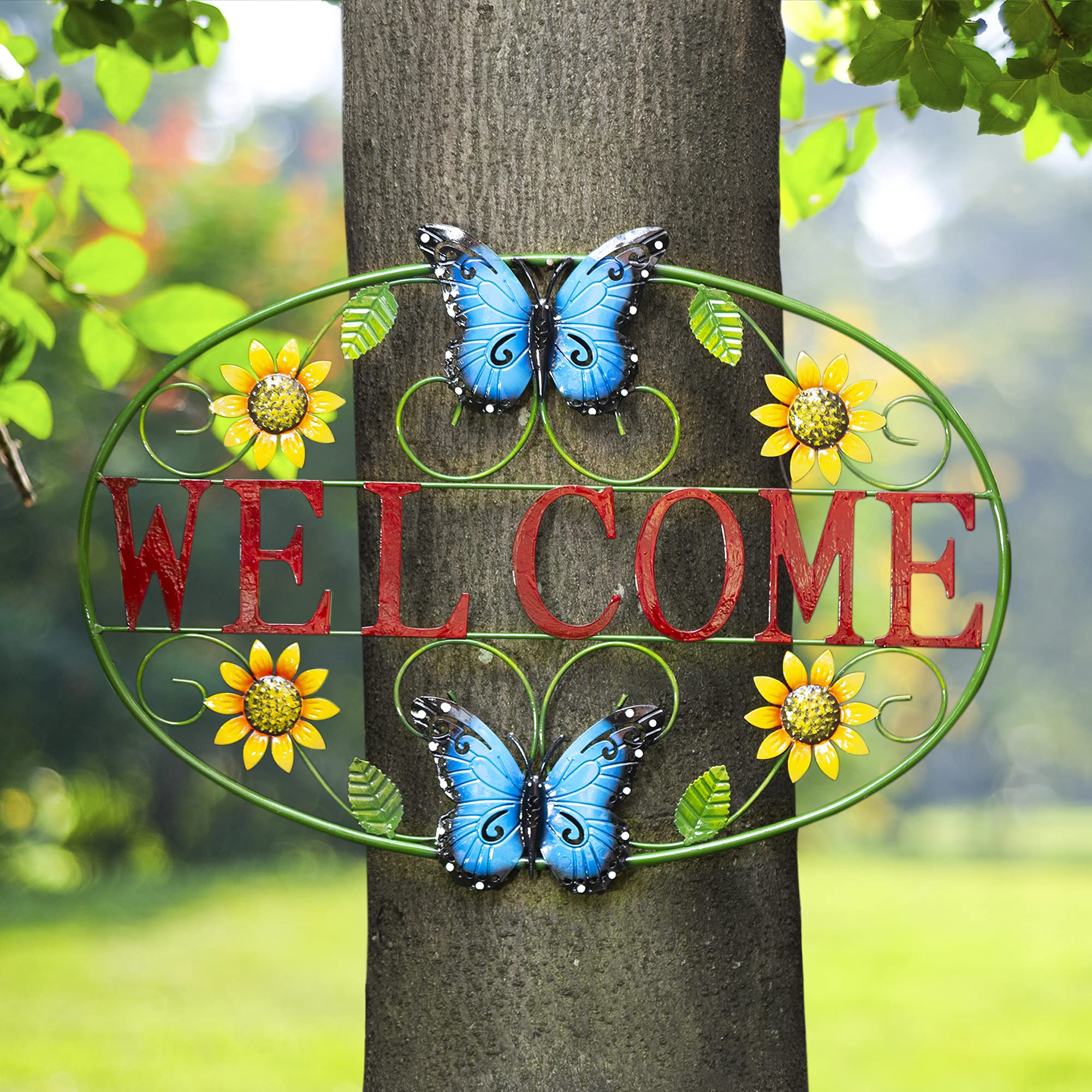 Glitzhome Metal Butterfly Welcome Sign Wall Hanging Outdoor Decorations for Patio and Garden, Blue 23.75-Inch