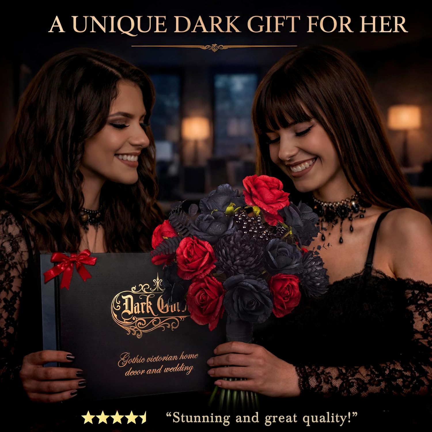 Gothic Roses Bouquet – Black and Red Artificial Silk Flower Arrangement – Goth Home Decor for Vases, Shelves & DIY Dark Floral Table Centerpieces – Gothic Valentine’s Day Gift for Her