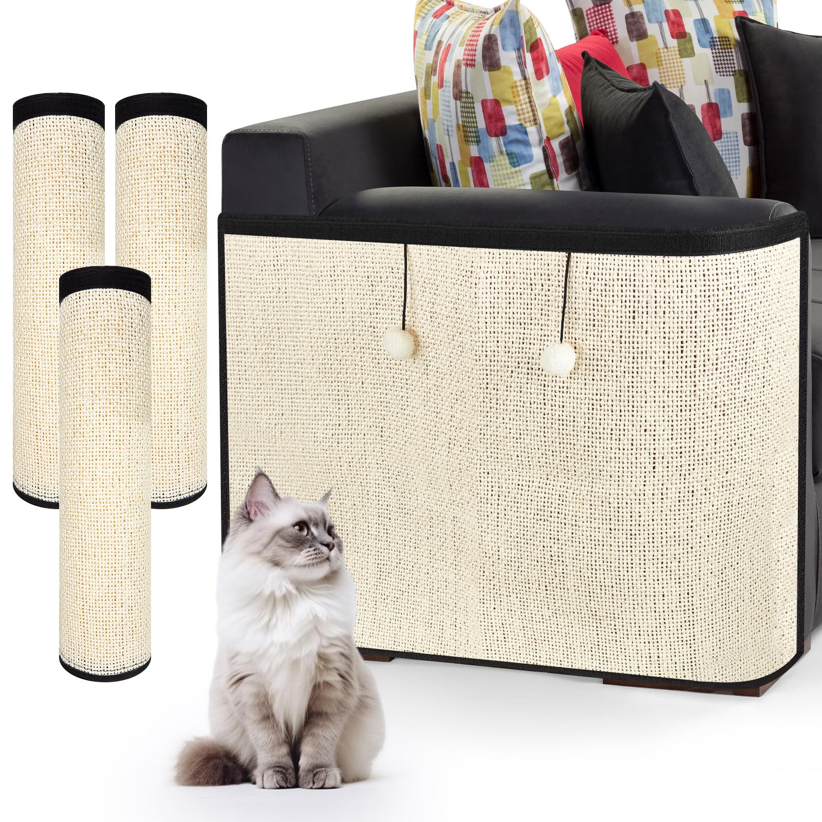 Soaoo 3 Pcs Cat Scratch Furniture Protector 19.7 x 31.5 in Large Cat Scratcher Mat Sofa Protector Natural Sisal Cat Scratcher Couch Pad Couch Corner Protectors for Cats, for Couch Sofa Chair (Beige)