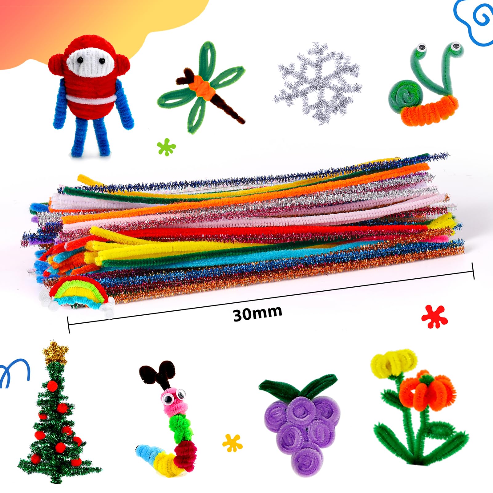 Caydo Pfeifenreiniger, Bastelbedarf, 2500 Stück, 25 Farben, verschiedene Glitzer-Chenille-Stiel, funkelnde Pfeifenreiniger, Großpackung für Kinder, kreatives DIY-Projekt, Kunst, Handwerk, Dekoration, | Verschiedene Glitzer-Chenille-Stiele, DIY-Projekte, T