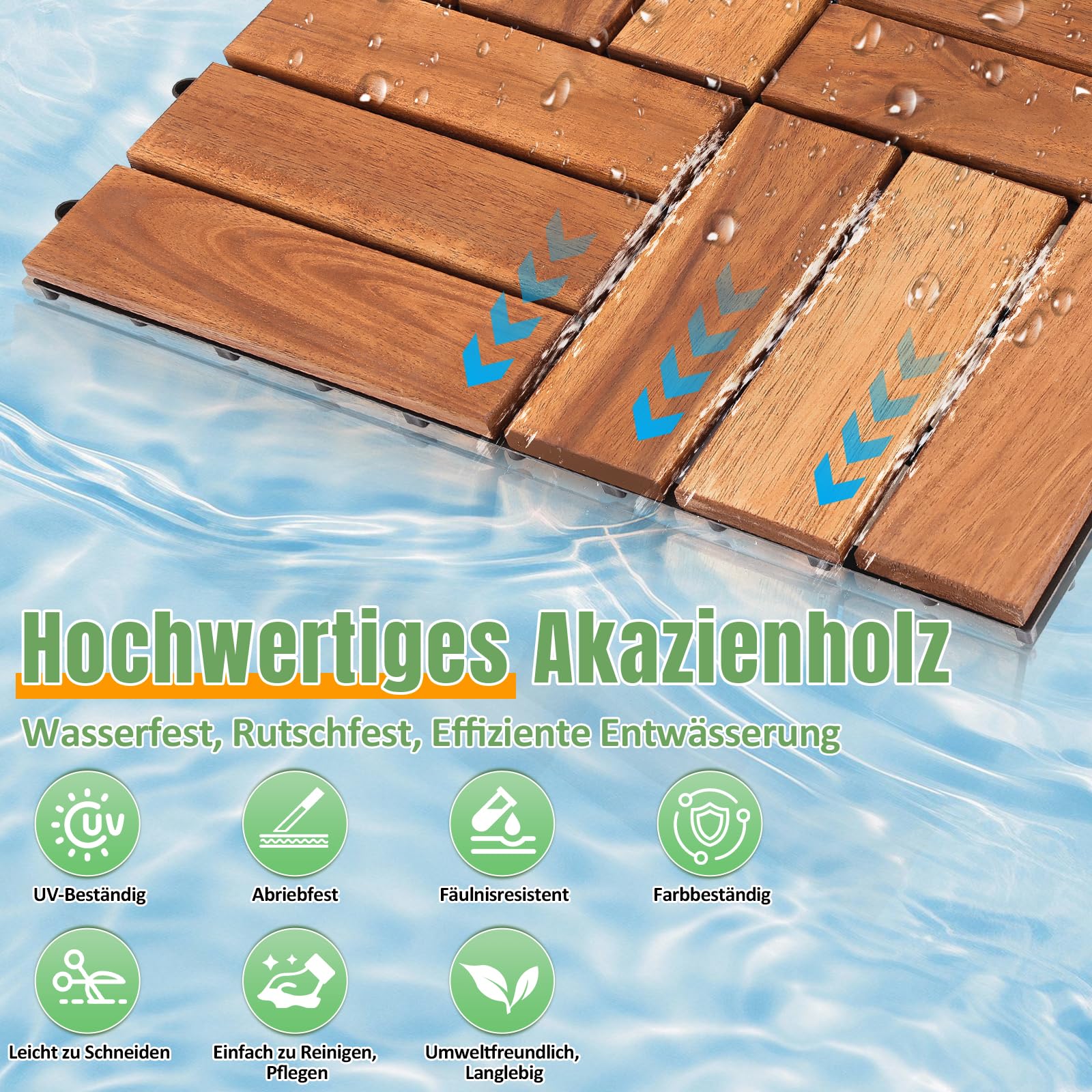 5m² Holzfliesen Balkonfliesen Terrassenfliesen 30 x 30 cm, Balkonboden Wetterfest, 12 Latten Fliesen aus Akazien Holz, für Terrassen Balkon Garten(55 Stück)