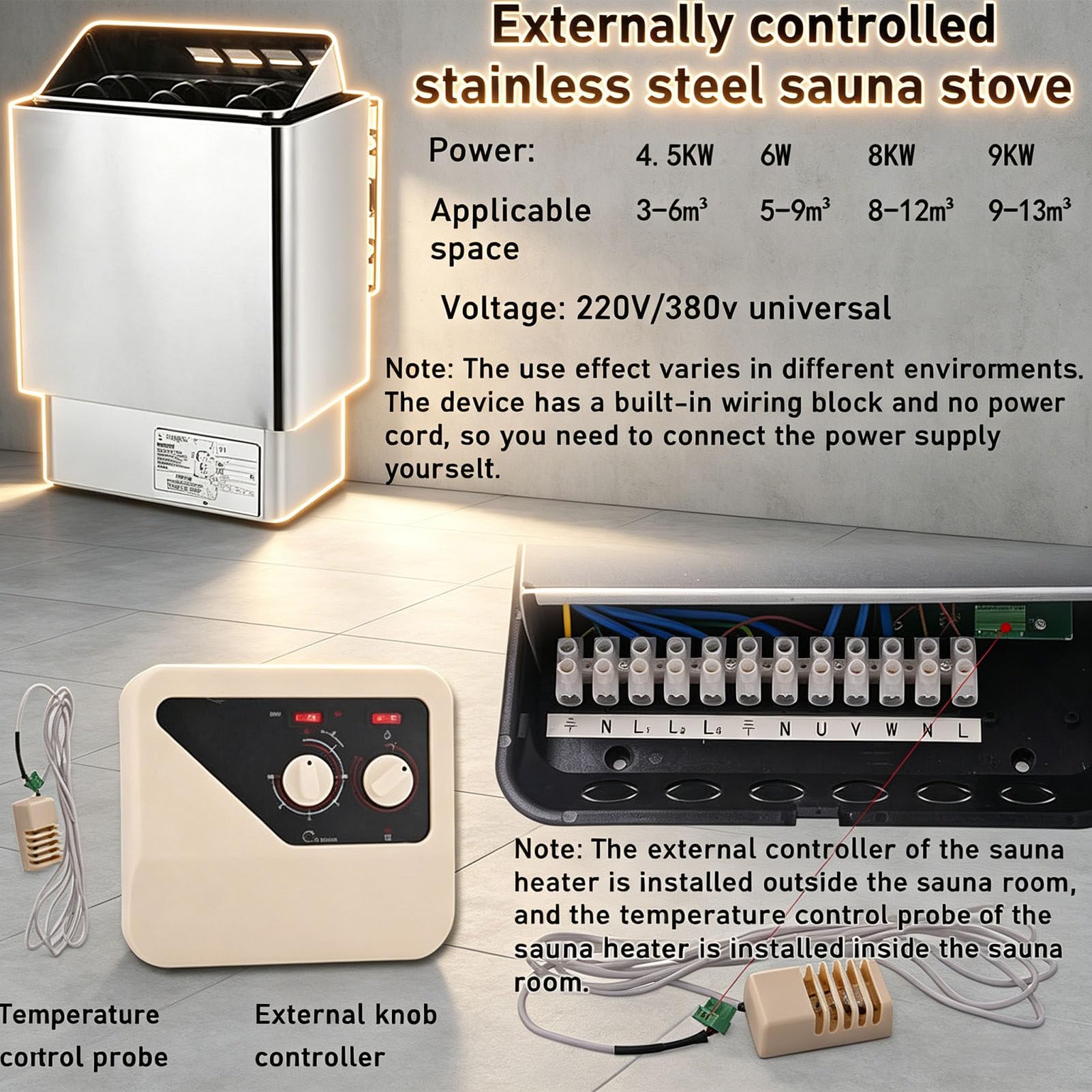 Saunaofen, elektrischer Saunaofen aus Edelstahl, Trockensaunaofen, Raumheizung mit Drehknopf und Fernbedienung, ideal für Wellness- und Spa-Bereiche im Haus 220V-9KW