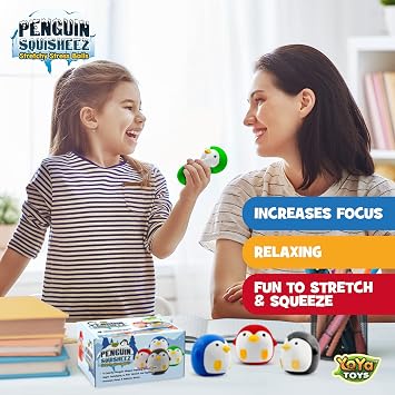 YoYa Toys Penguin Squisheez Squishy Stress Relief Balls (Set of 4) | Stretchy Fidget Animal Shaped Toys for Boys, Girls & Adults | Stretch Penguin Squeeze Toy | Great for ADHD, Autism, Anxiety