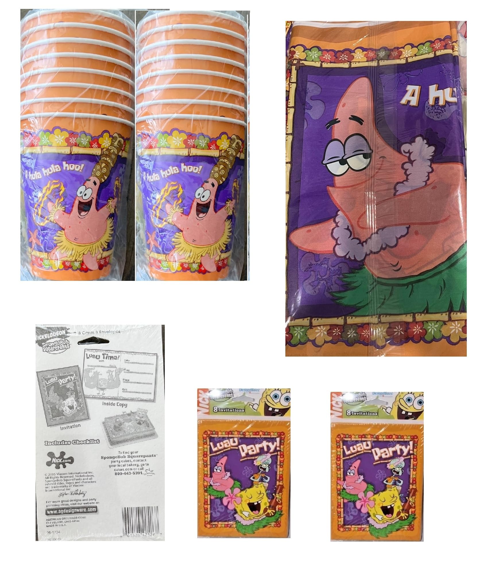Spongebob SquarePants Luau Birthday Party Supplies Bundle includes 16 Party Paper Cups 9oz, 16 Party Invitations, 1 Plastic Table Cover, 1 Dinosaur