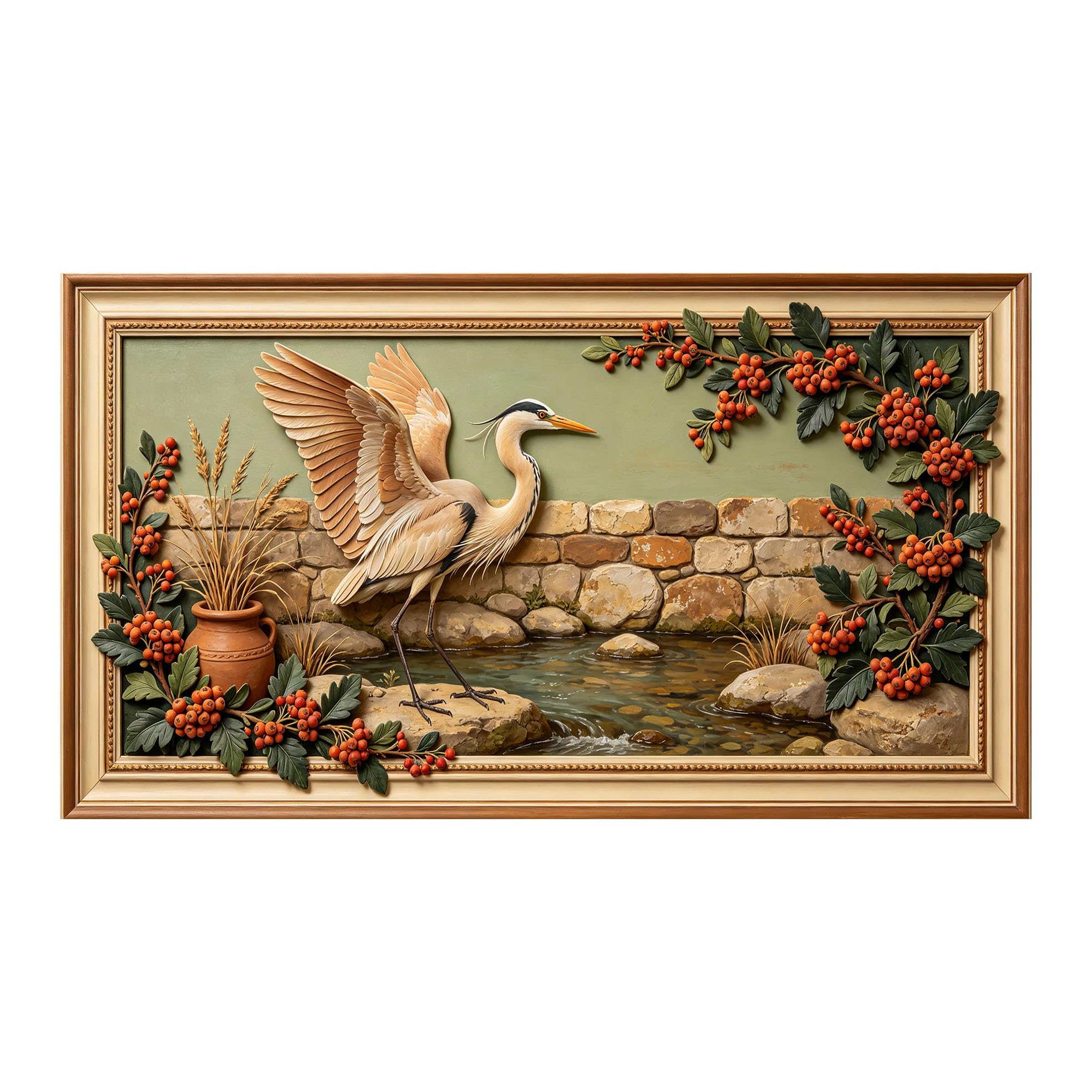 Murasolite 3D 3D Framed Wall Art 50cm×90cm Rustic Heron by River Oil Painting SelfAdhesive Fabric Mural Wall Decor, Peel and Stick No Damage to Wall for Bedroom Living Room