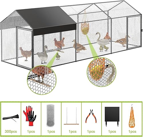 Miniatura 6 de Gallinero de metal grande para 10-12 pollos de 120 pulgadas de largo x 40 pulgadas de ancho x 40 pulgadas de alto, con cubierta y columpio, corral